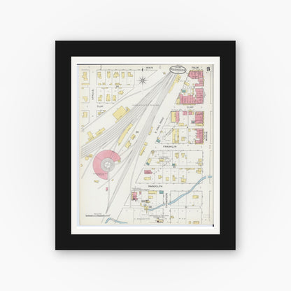 Old map wall art mockup — black gallery frame with white mat — Sanborn Fire Insurance Map from Roodhouse, Greene County, Illinois (1894), Sheet #0003