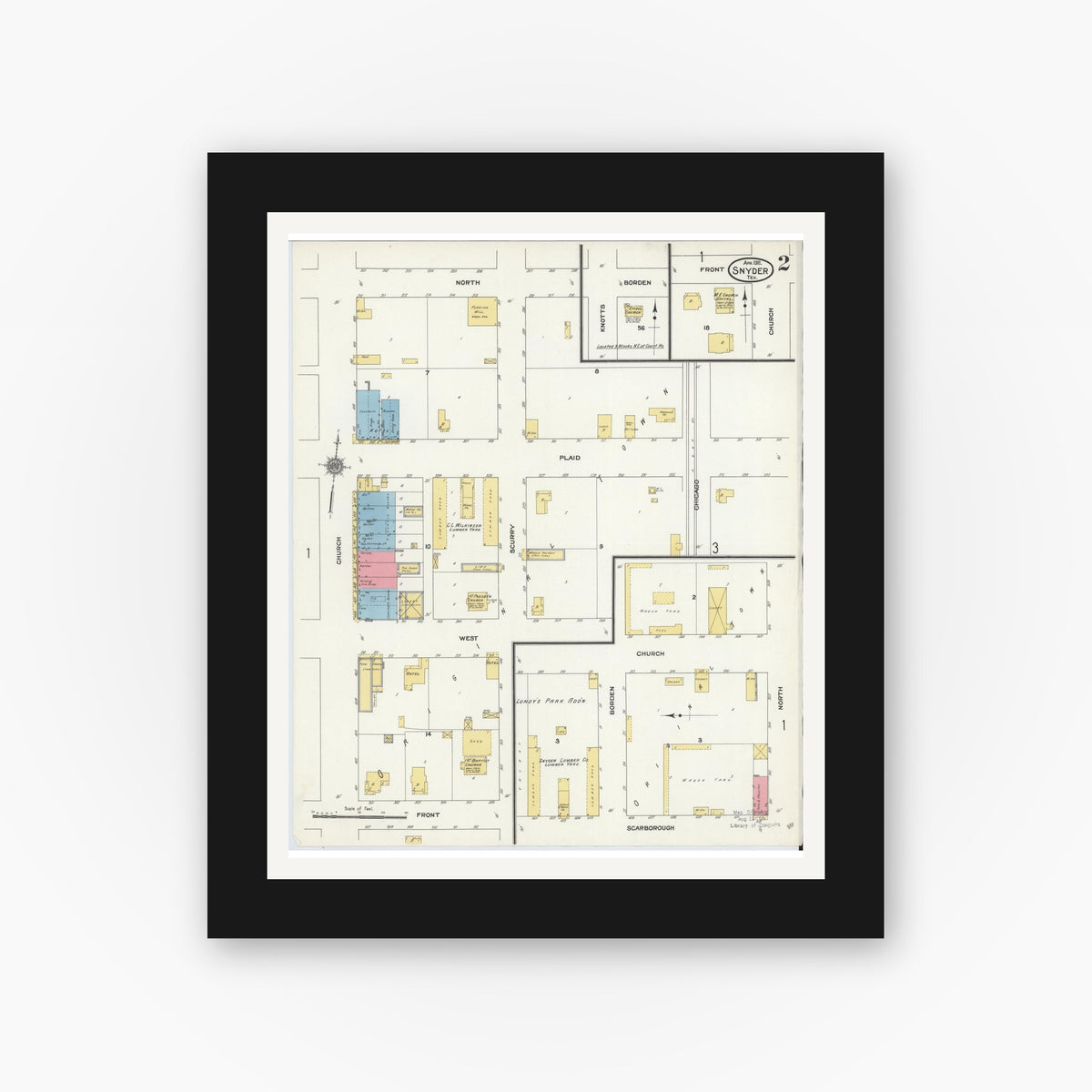Old map wall art mockup — black gallery frame with white mat — Sanborn Fire Insurance Map from Snyder, Scurry County, Texas (1911), Sheet #0002