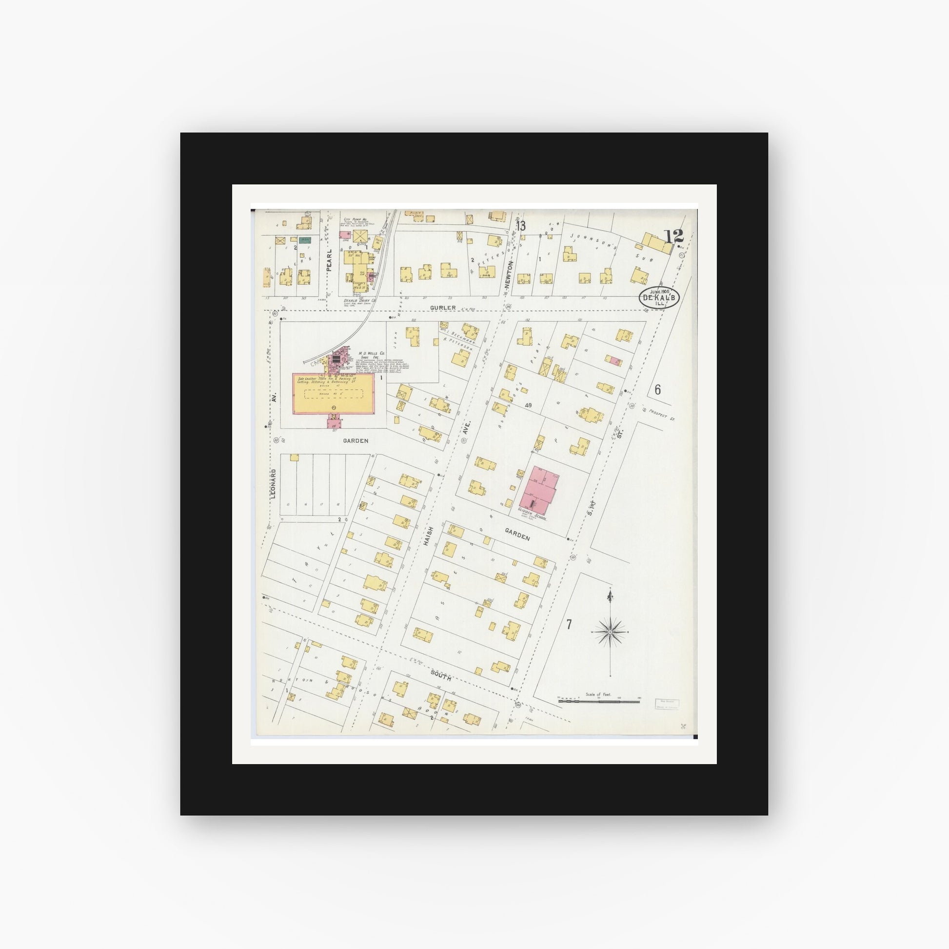 Old map wall art mockup — black gallery frame with white mat — Sanborn Fire Insurance Map from De Kalb, De Kalb County, Illinois (1905), Sheet #0012