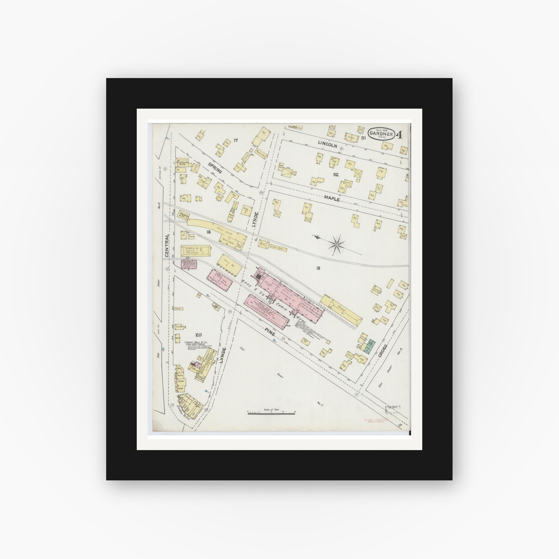 Old map wall art mockup — black gallery frame with white mat — Sanborn Fire Insurance Map from Gardner, Worcester County, Massachusetts (1889), Sheet #0004