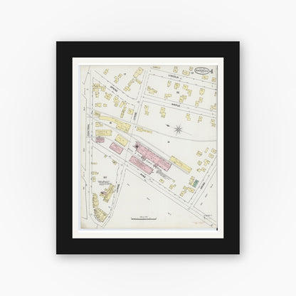 Old map wall art mockup — black gallery frame with white mat — Sanborn Fire Insurance Map from Gardner, Worcester County, Massachusetts (1889), Sheet #0004