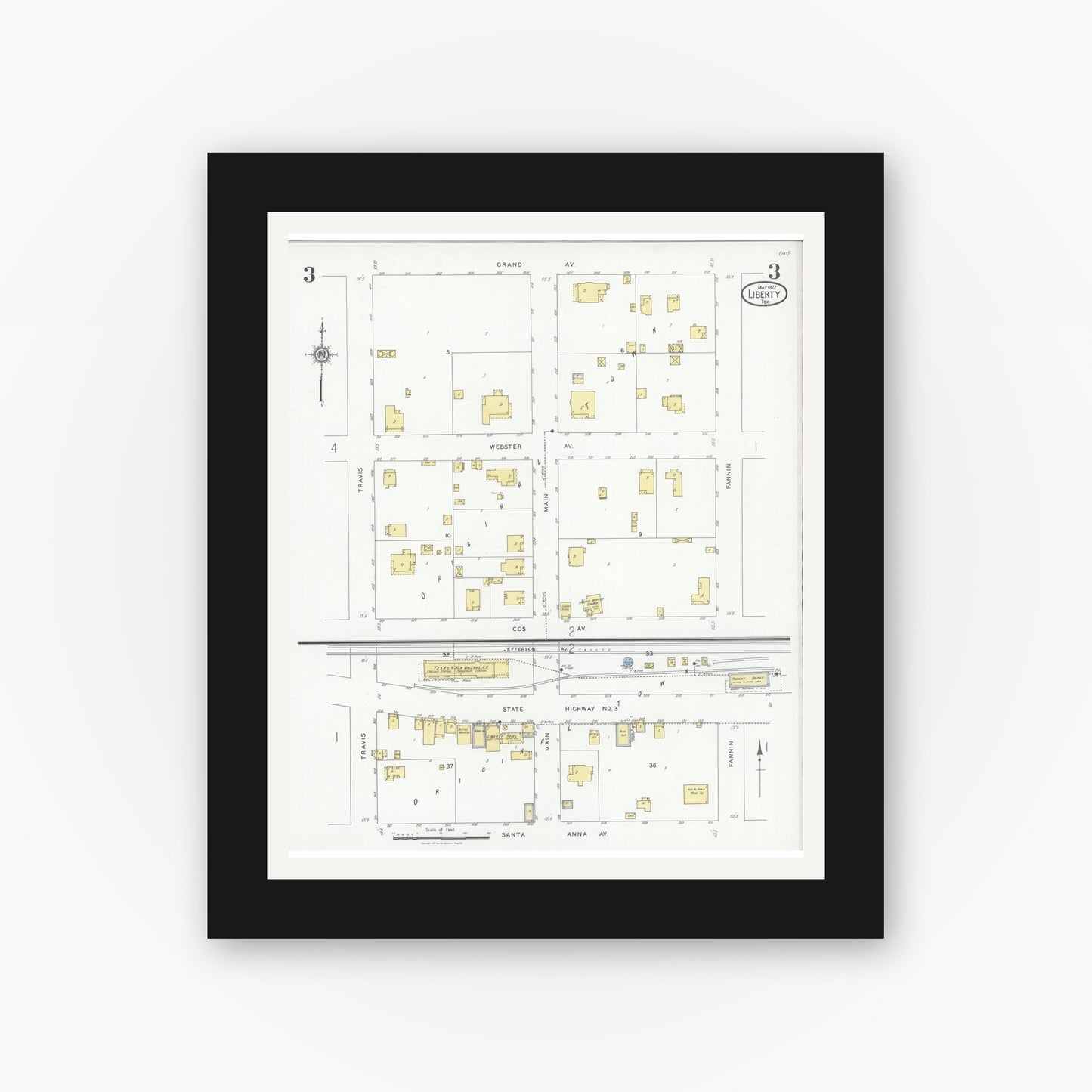 Old map wall art mockup — black gallery frame with white mat — Sanborn Fire Insurance Map from Liberty, Liberty County, Texas (1927), Sheet #0003