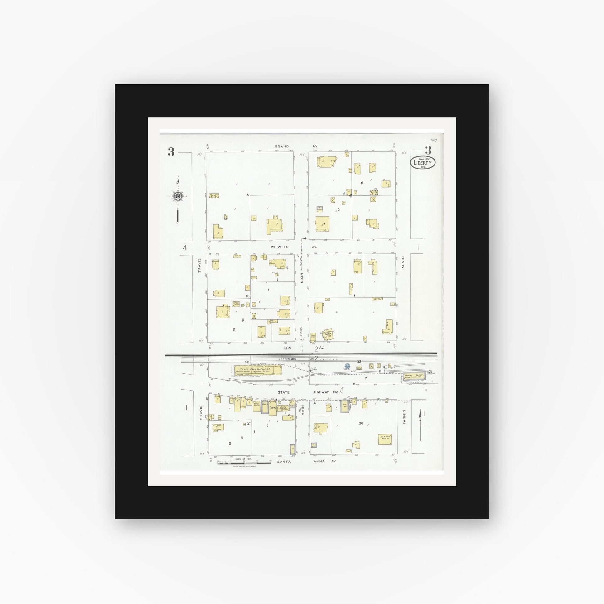 Old map wall art mockup — black gallery frame with white mat — Sanborn Fire Insurance Map from Liberty, Liberty County, Texas (1927), Sheet #0003