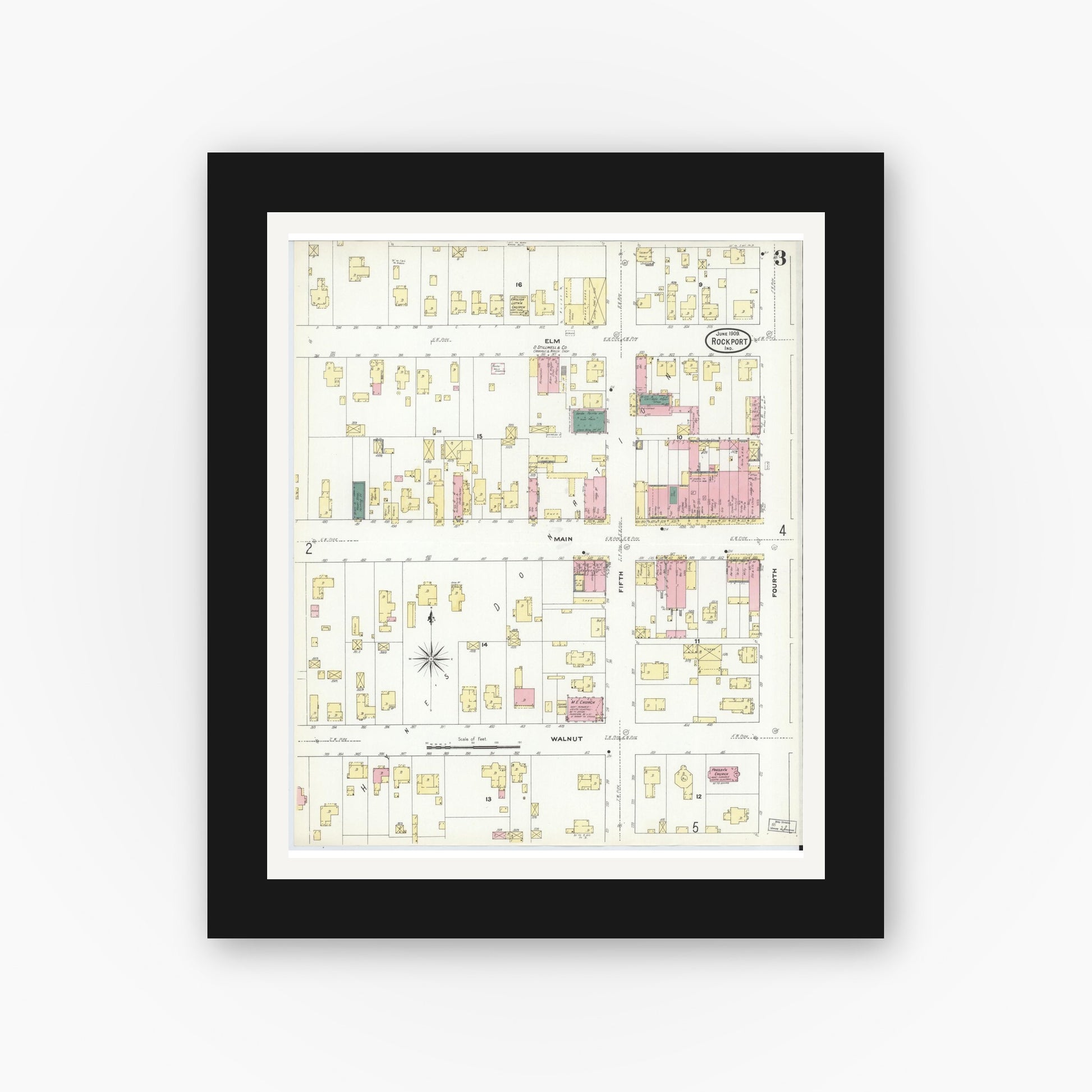 Old map wall art mockup — black gallery frame with white mat — Sanborn Fire Insurance Map from Rockport, Spencer County, Indiana (1909), Sheet #0003