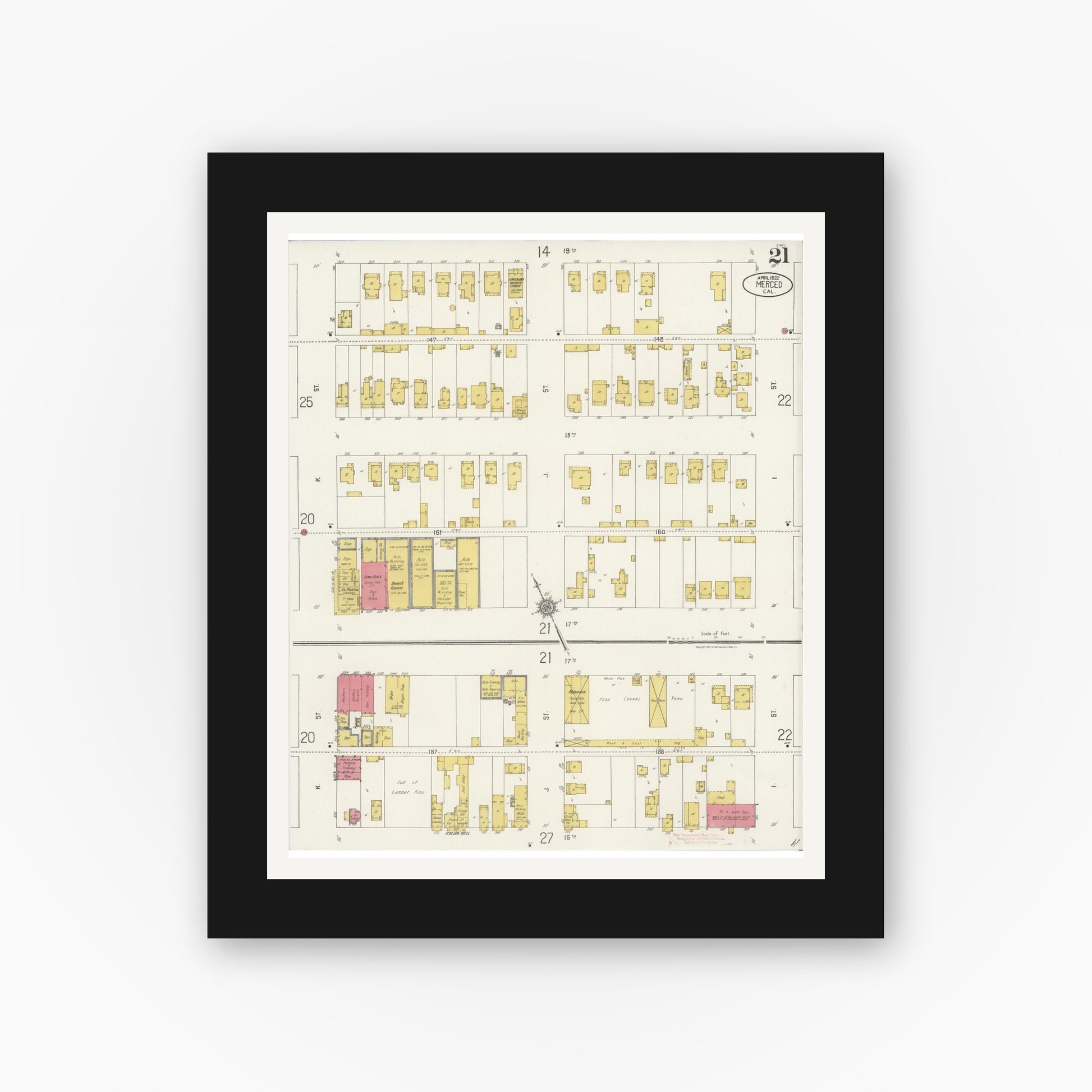 Old map wall art mockup — black gallery frame with white mat — Sanborn Fire Insurance Map from Merced, Merced County, California (1922), Sheet #0021