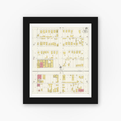 Old map wall art mockup — black gallery frame with white mat — Sanborn Fire Insurance Map from Merced, Merced County, California (1922), Sheet #0021