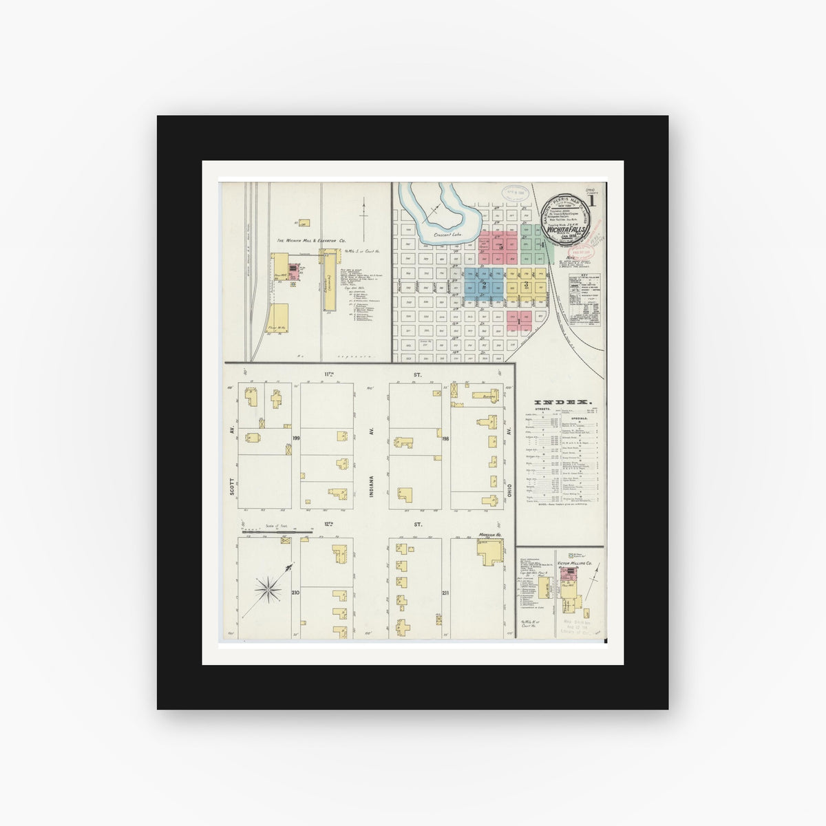 Old map wall art mockup — black gallery frame with white mat — Sanborn Fire Insurance Map from Wichita Falls, Wichita County, Texas (1898) - Complete Map Set