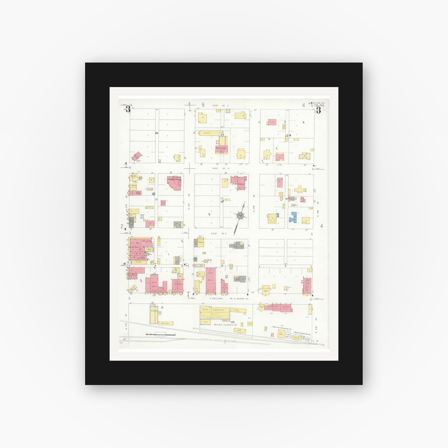 Old map wall art mockup — black gallery frame with white mat — Sanborn Fire Insurance Map from Alpine, Brewster County, Texas (1933), Sheet #0003