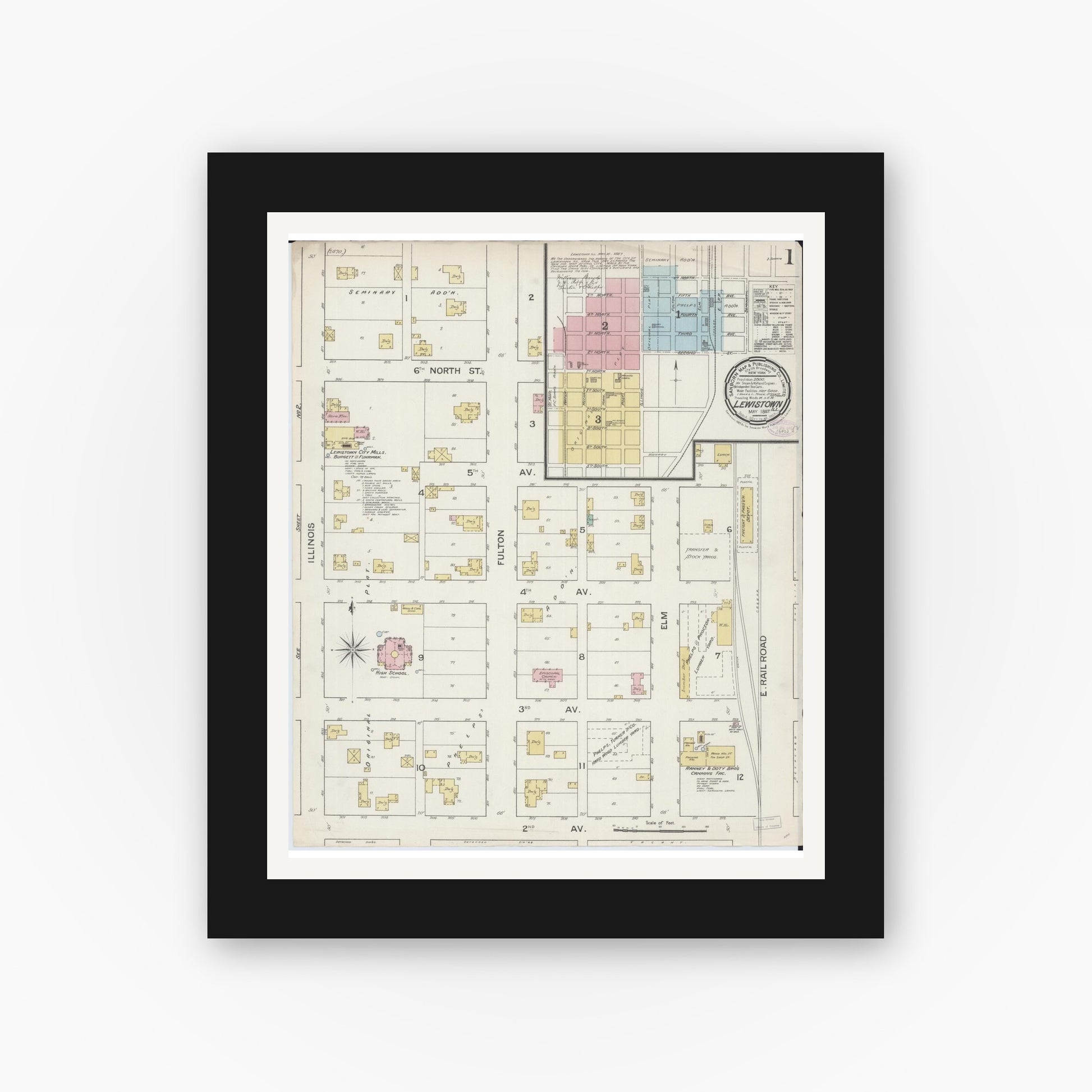 Old map wall art mockup — black gallery frame with white mat — Sanborn Fire Insurance Map from Lewistown, Fulton County, Illinois (1887) - Complete Map Set