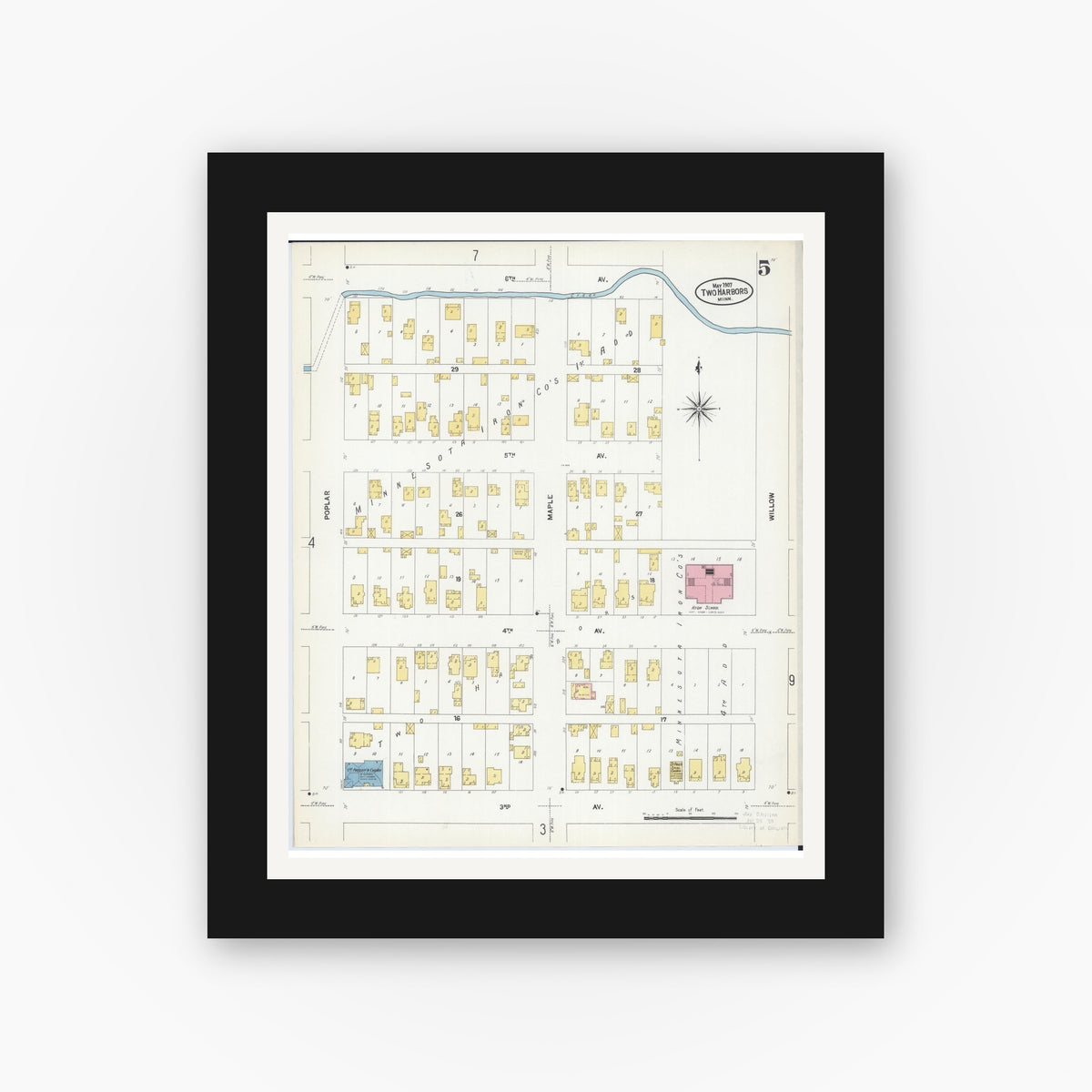 Old map wall art mockup — black gallery frame with white mat — Sanborn Fire Insurance Map from Two Harbors, Lake County, Minnesota (1907), Sheet #0005