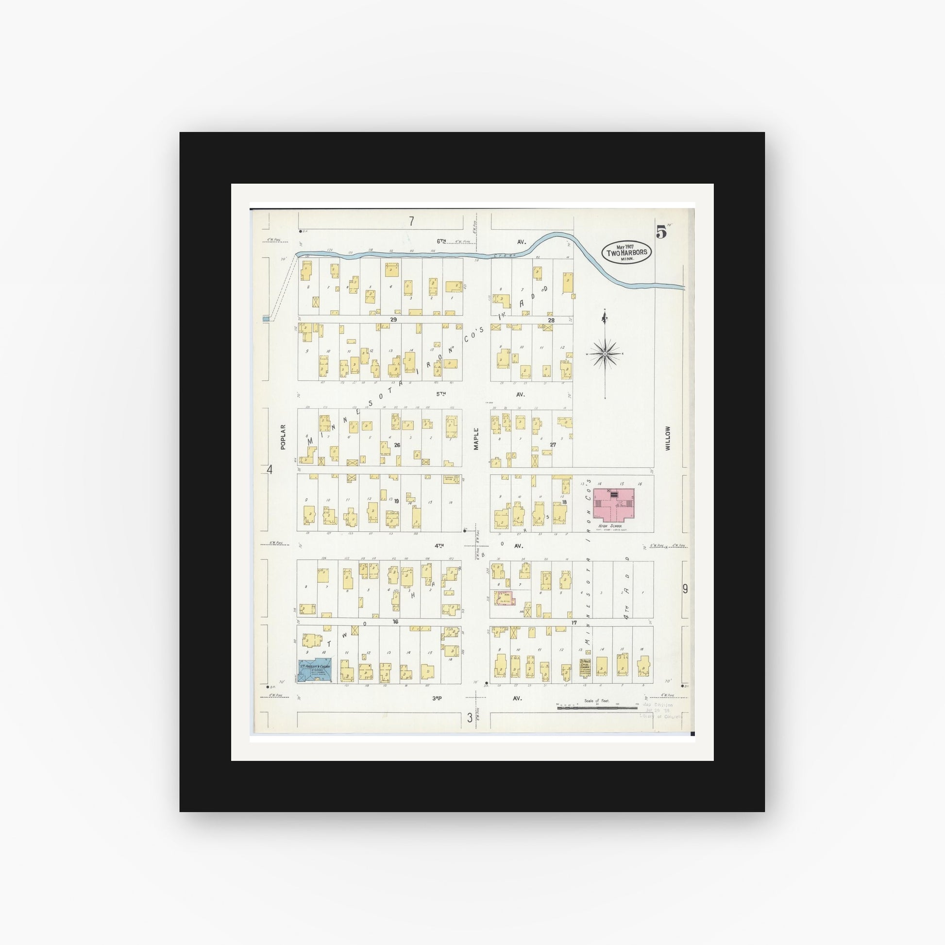 Old map wall art mockup — black gallery frame with white mat — Sanborn Fire Insurance Map from Two Harbors, Lake County, Minnesota (1907), Sheet #0005