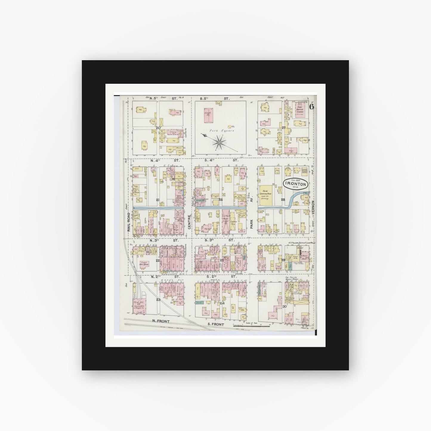Old map wall art mockup — black gallery frame with white mat — Sanborn Fire Insurance Map from Ironton, Lawrence County, Ohio (1889), Sheet #0006