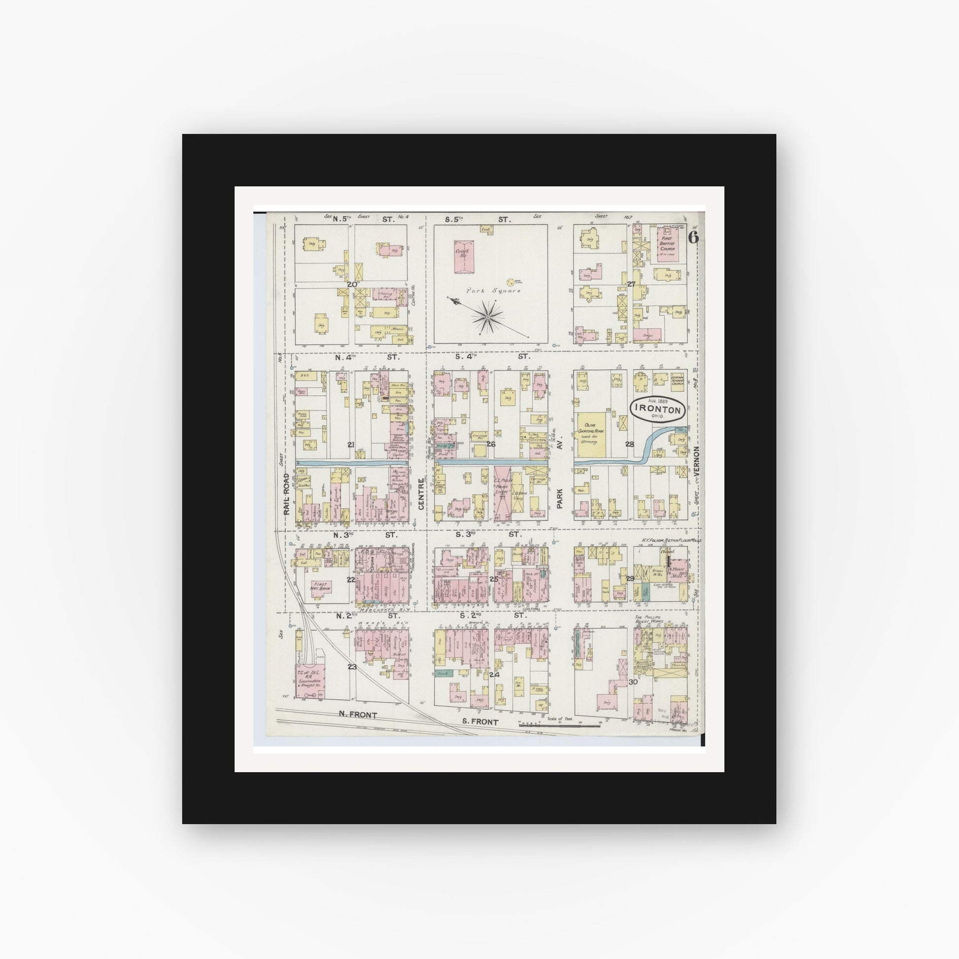 Old map wall art mockup — black gallery frame with white mat — Sanborn Fire Insurance Map from Ironton, Lawrence County, Ohio (1889), Sheet #0006