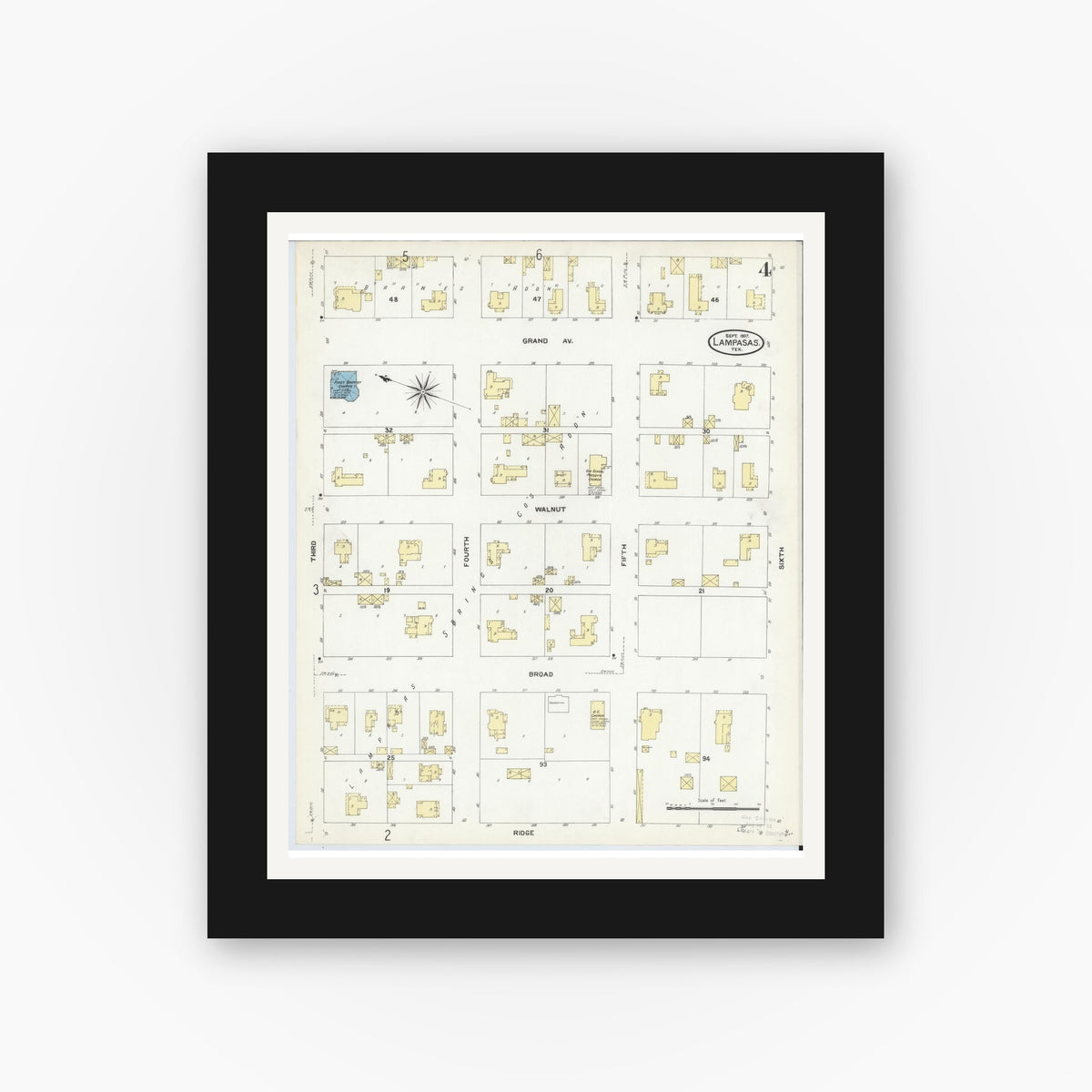 Old map wall art mockup — black gallery frame with white mat — Sanborn Fire Insurance Map from Lampasas, Lampasas County, Texas (1907), Sheet #0004