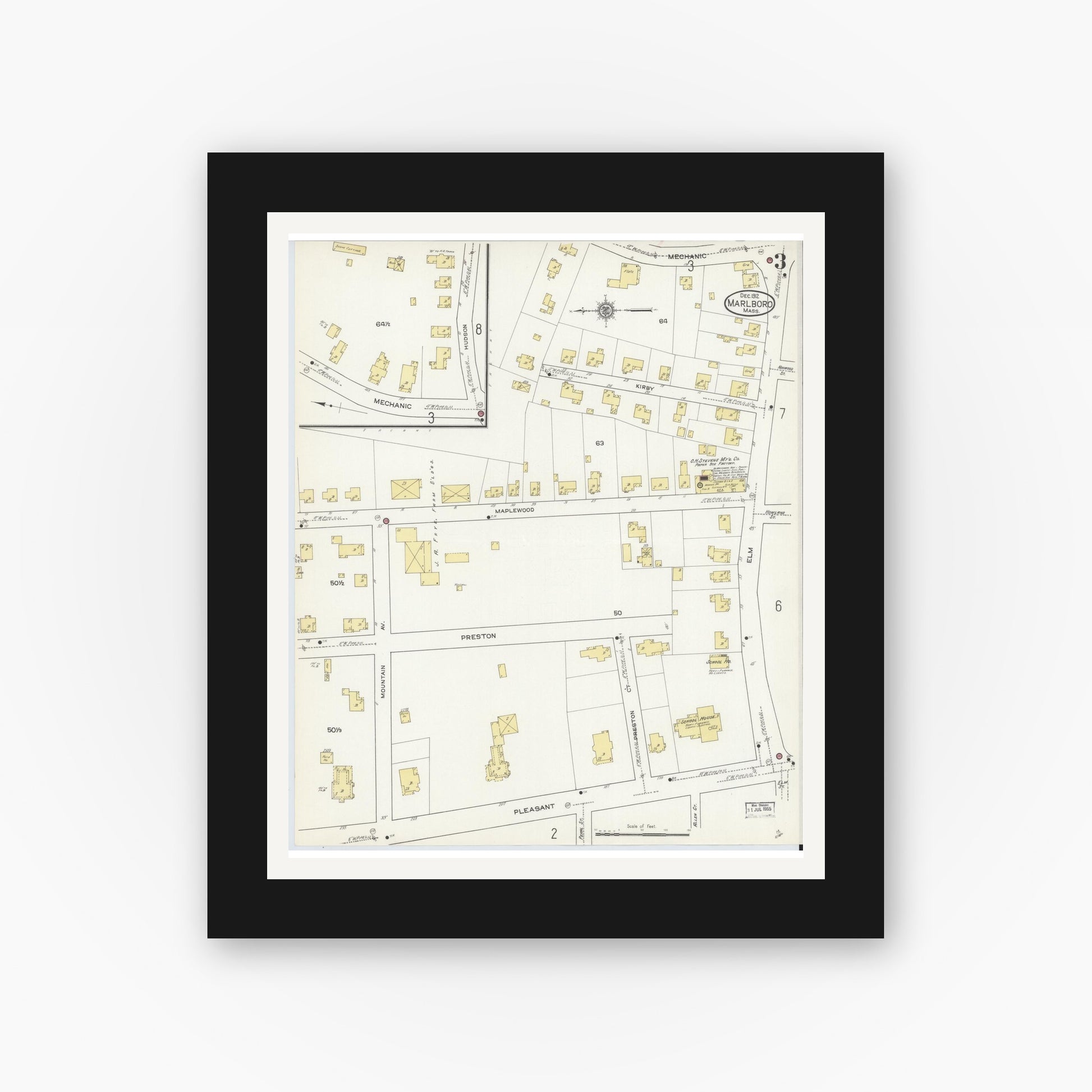 Old map wall art mockup — black gallery frame with white mat — Sanborn Fire Insurance Map from Marlborough, Middlesex County, Massachusetts (1912), Sheet #0003