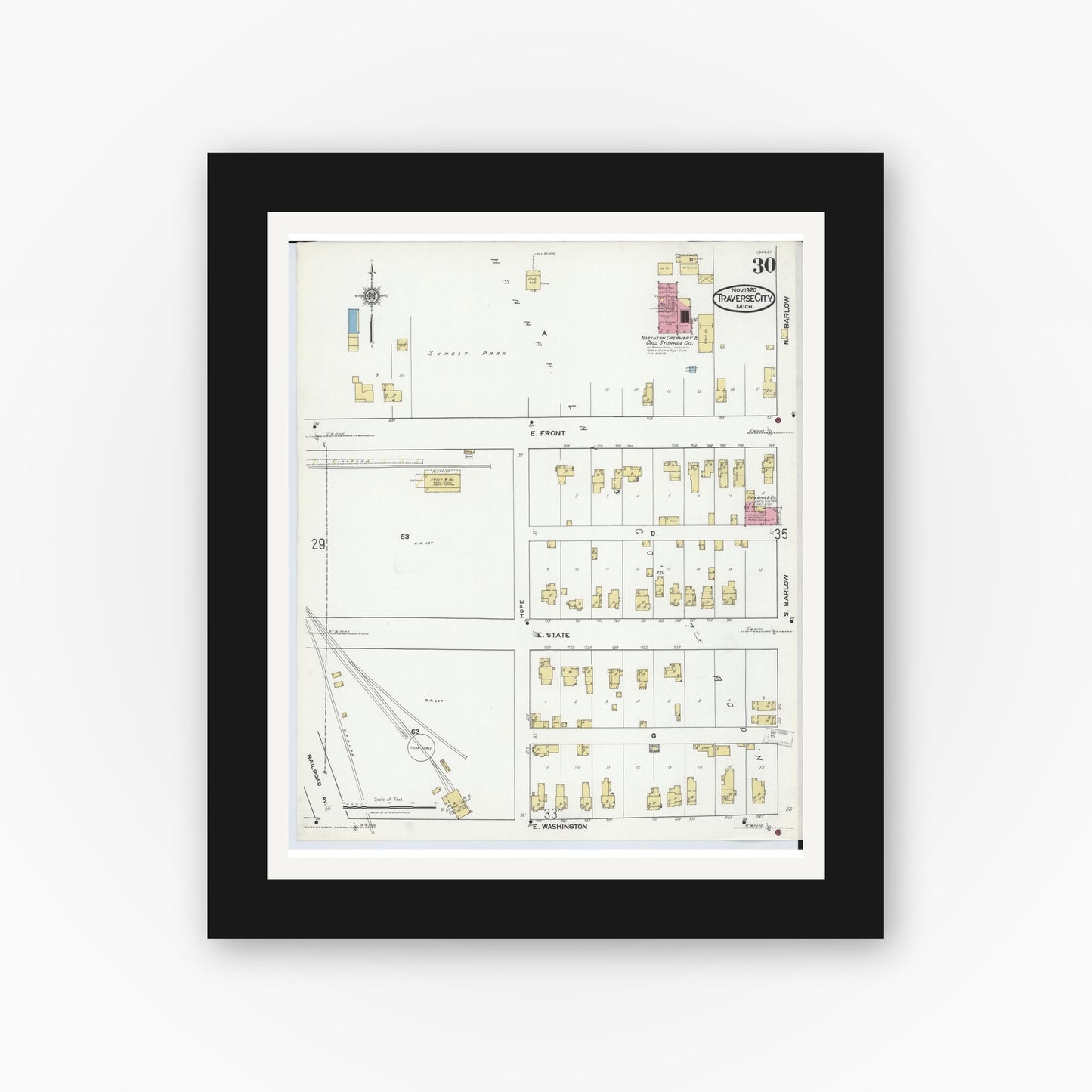 Old map wall art mockup — black gallery frame with white mat — Sanborn Fire Insurance Map from Traverse City, Grand Traverse County, Michigan (1920), Sheet #0030