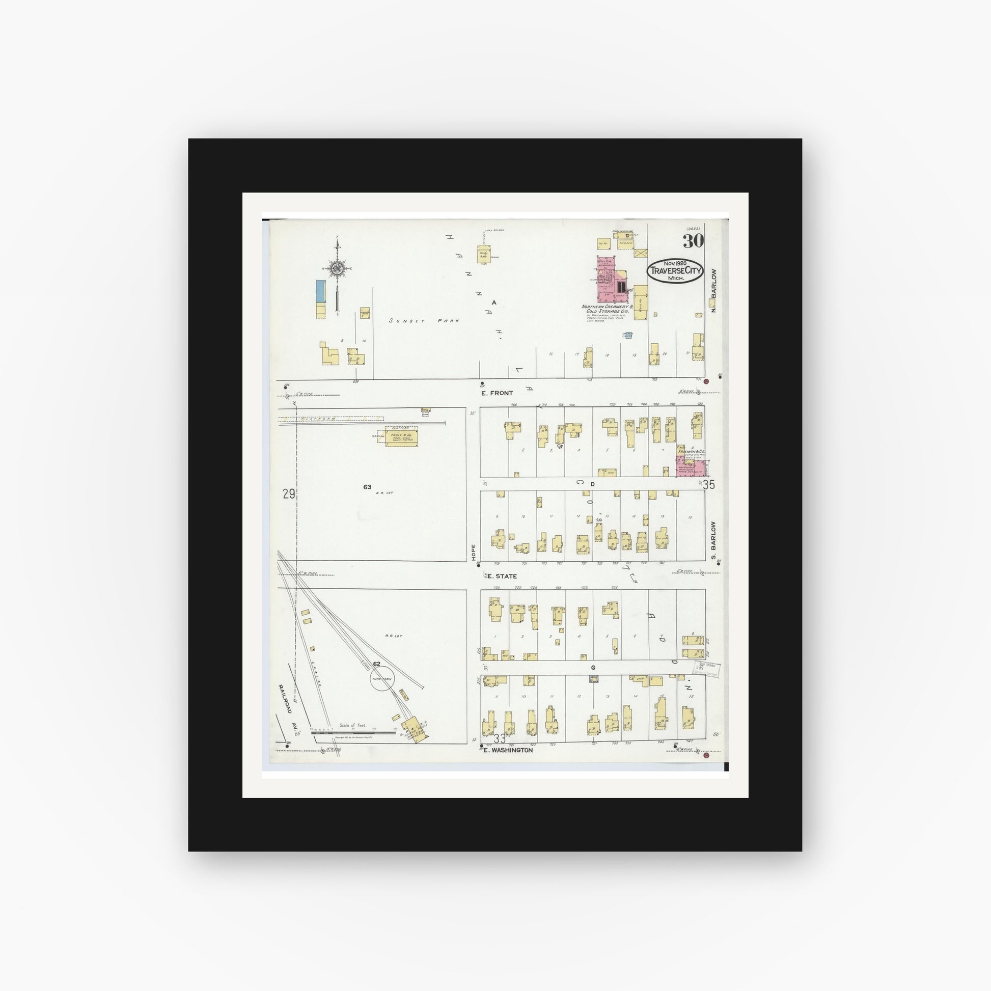 Old map wall art mockup — black gallery frame with white mat — Sanborn Fire Insurance Map from Traverse City, Grand Traverse County, Michigan (1920), Sheet #0030