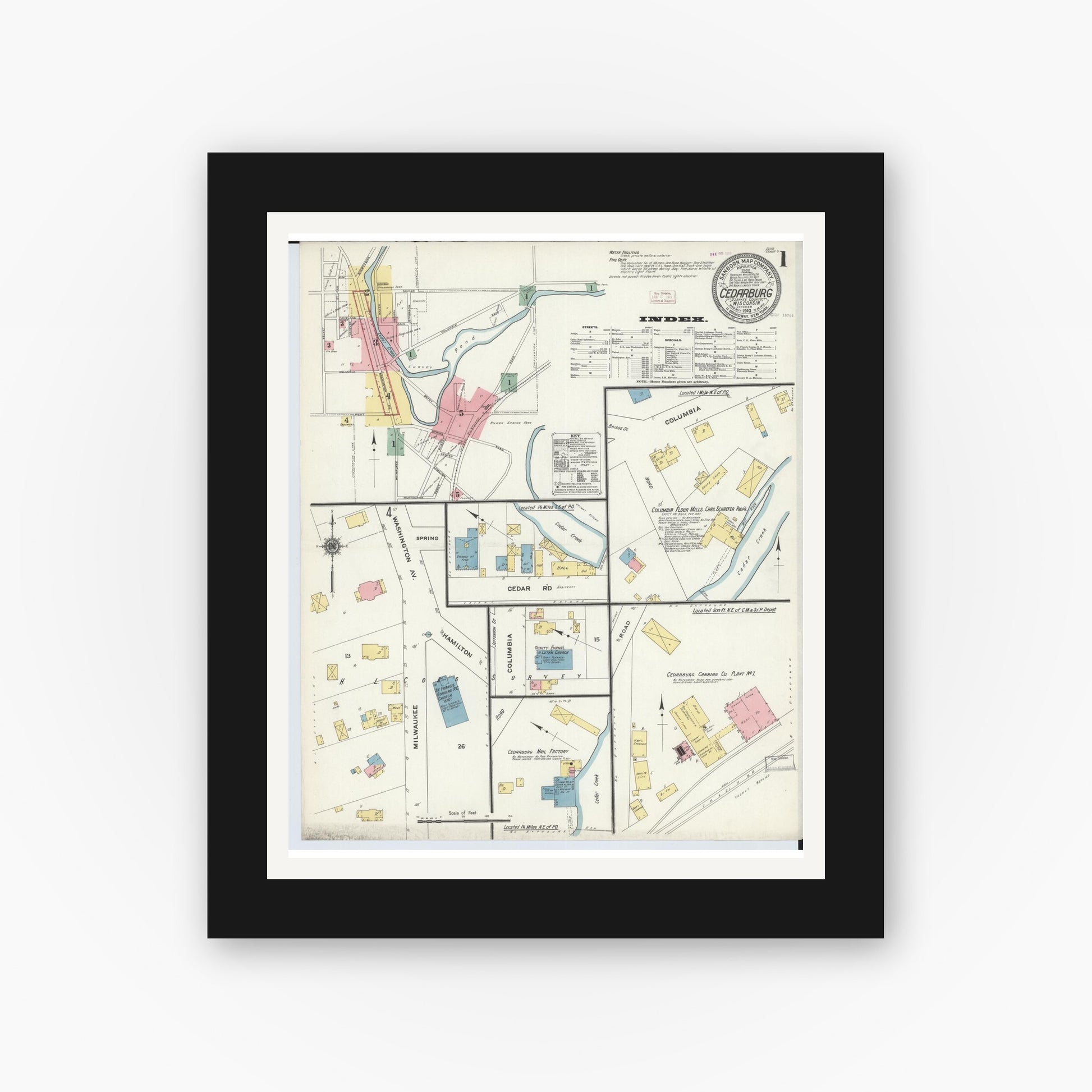 Old map wall art mockup — black gallery frame with white mat — Sanborn Fire Insurance Map from Cedarburg, Ozaukee County, Wisconsin (1910), Sheet #0001