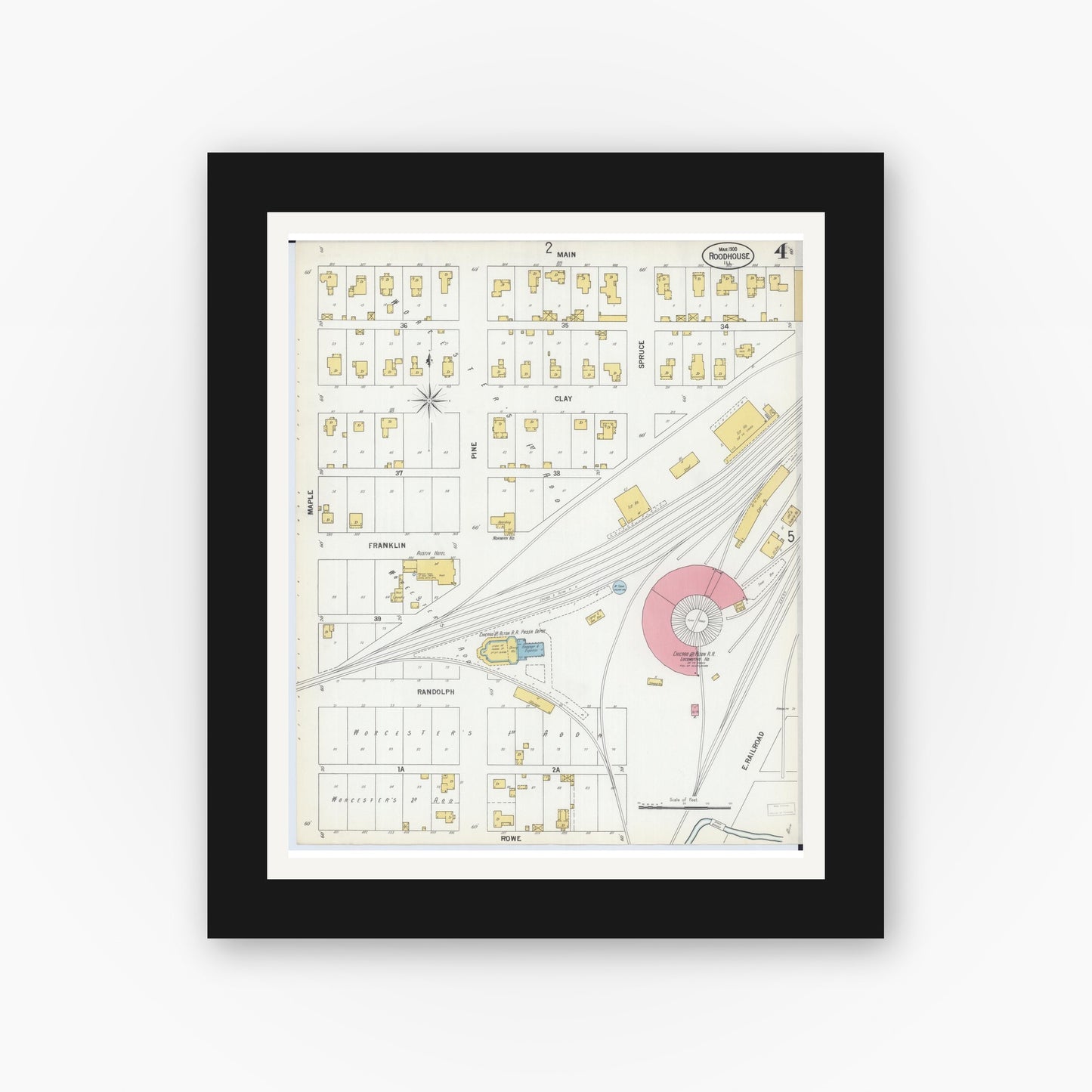 Old map wall art mockup — black gallery frame with white mat — Sanborn Fire Insurance Map from Roodhouse, Greene County, Illinois (1900), Sheet #0004