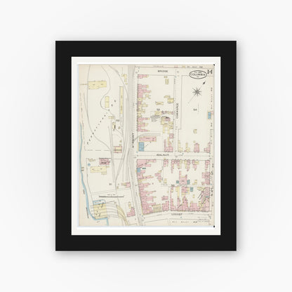 Old map wall art mockup — black gallery frame with white mat — Sanborn Fire Insurance Map from Columbia, Lancaster County, Pennsylvania (1886), Sheet #0014