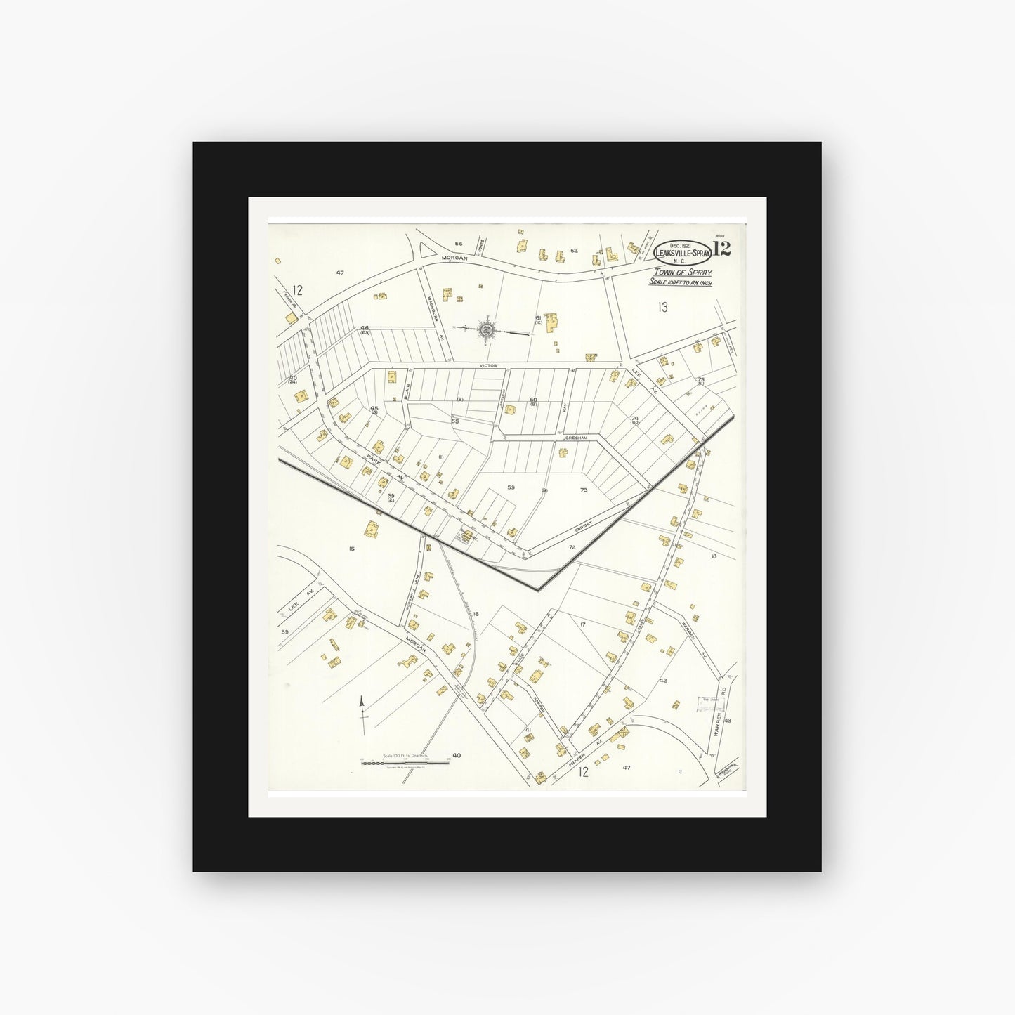 Old map wall art mockup — black gallery frame with white mat — Sanborn Fire Insurance Map from Leaksville-spray, Rockingham County, North Carolina (1921), Sheet #0012
