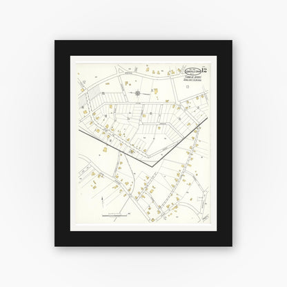 Old map wall art mockup — black gallery frame with white mat — Sanborn Fire Insurance Map from Leaksville-spray, Rockingham County, North Carolina (1921), Sheet #0012