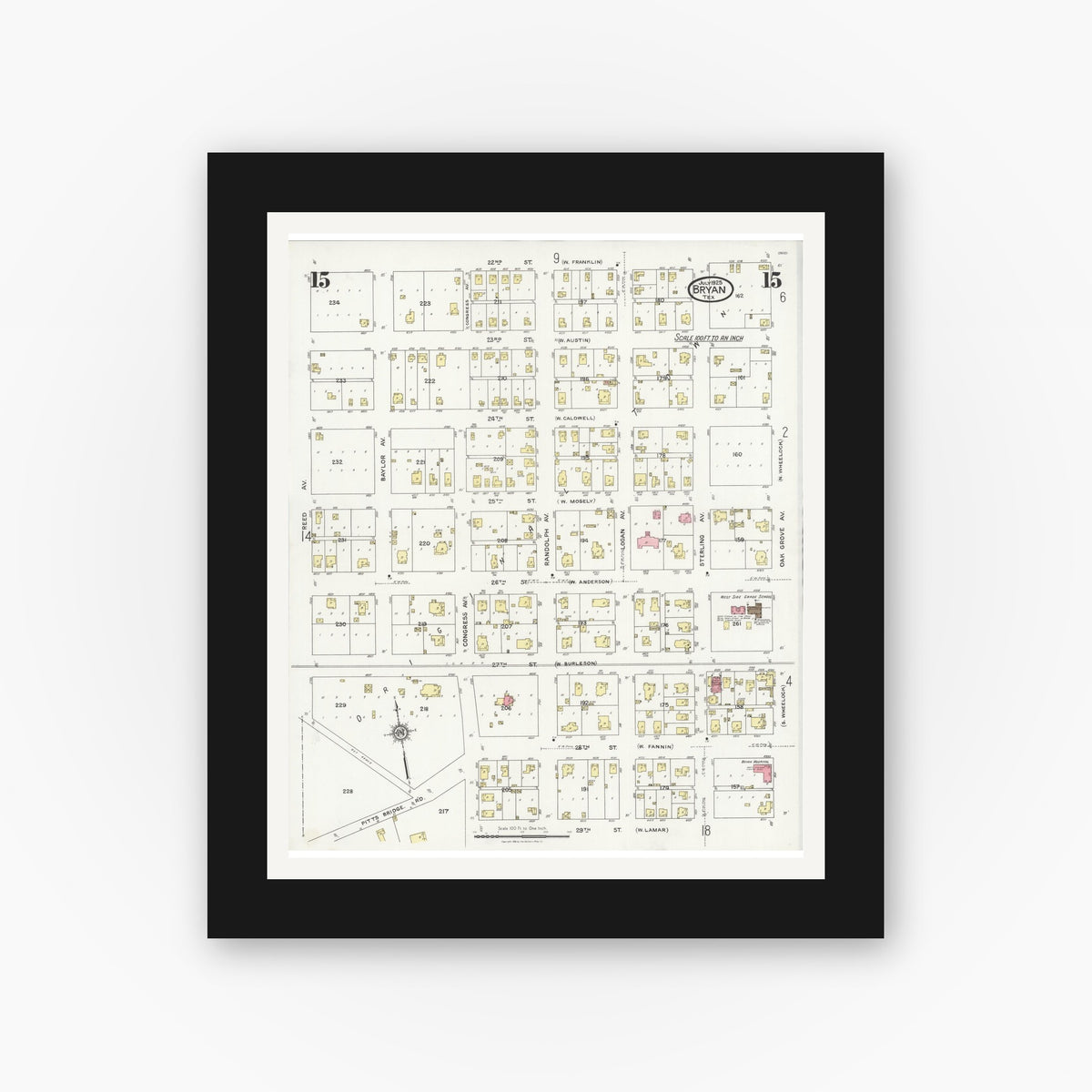 Old map wall art mockup — black gallery frame with white mat — Sanborn Fire Insurance Map from Bryan, Brazos County, Texas (1925), Sheet #0015