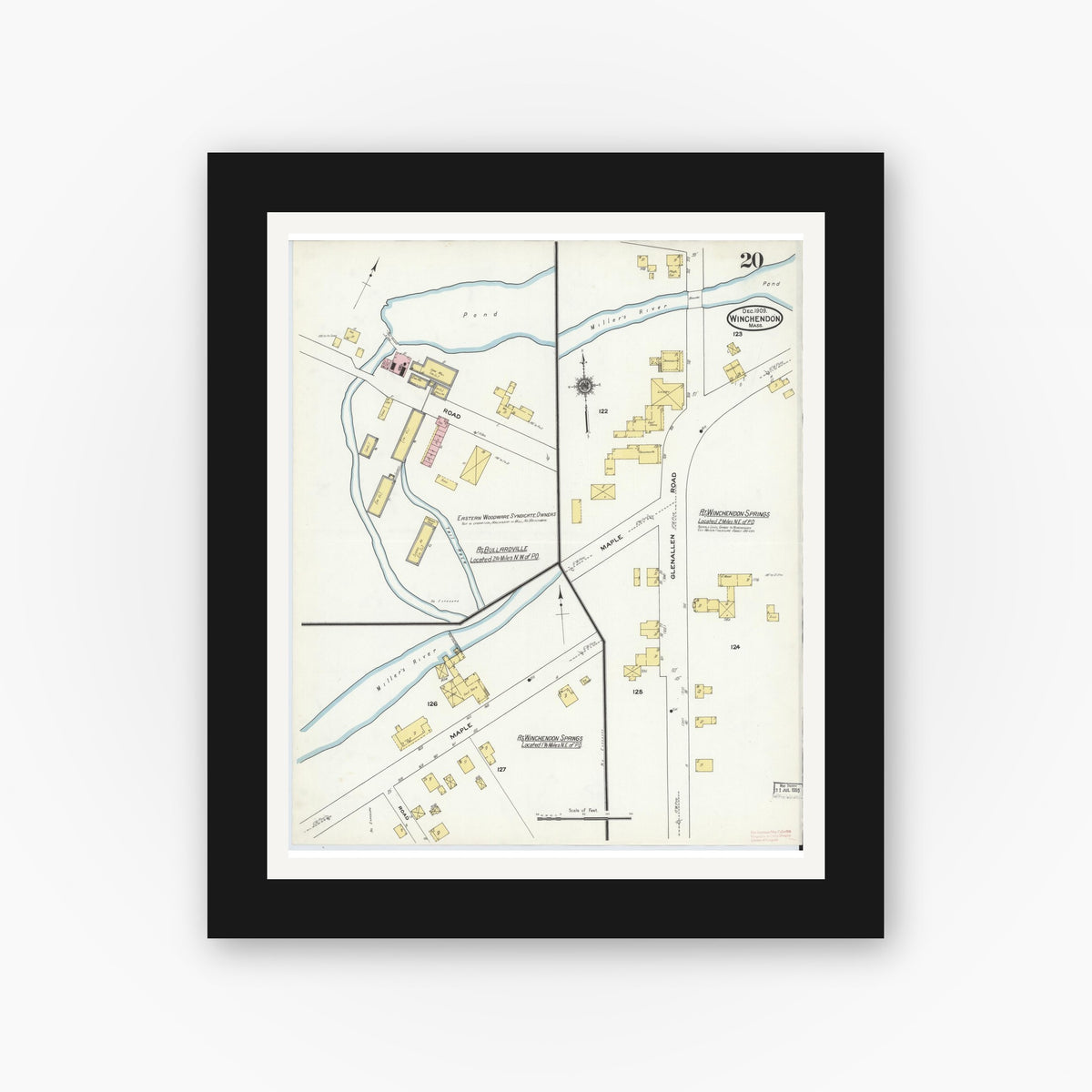 Old map wall art mockup — black gallery frame with white mat — Sanborn Fire Insurance Map from Winchendon, Worcester County, Massachusetts (1909), Sheet #0020