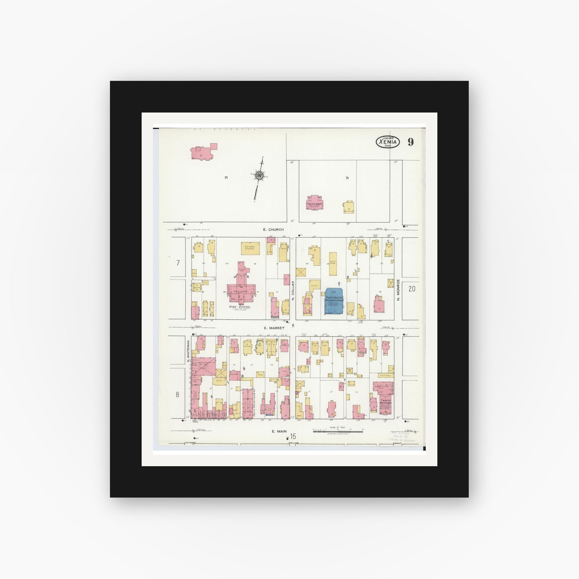 Old map wall art mockup — black gallery frame with white mat — Sanborn Fire Insurance Map from Xenia, Greene County, Ohio (1919), Sheet #0009