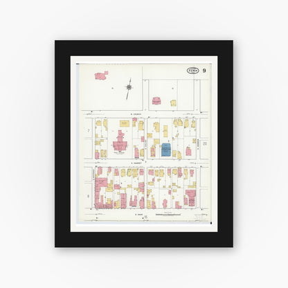 Old map wall art mockup — black gallery frame with white mat — Sanborn Fire Insurance Map from Xenia, Greene County, Ohio (1919), Sheet #0009