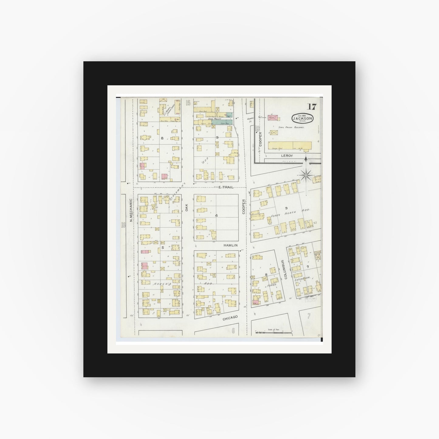 Old map wall art mockup — black gallery frame with white mat — Sanborn Fire Insurance Map from Jackson, Jackson County, Michigan (1893), Sheet #0017