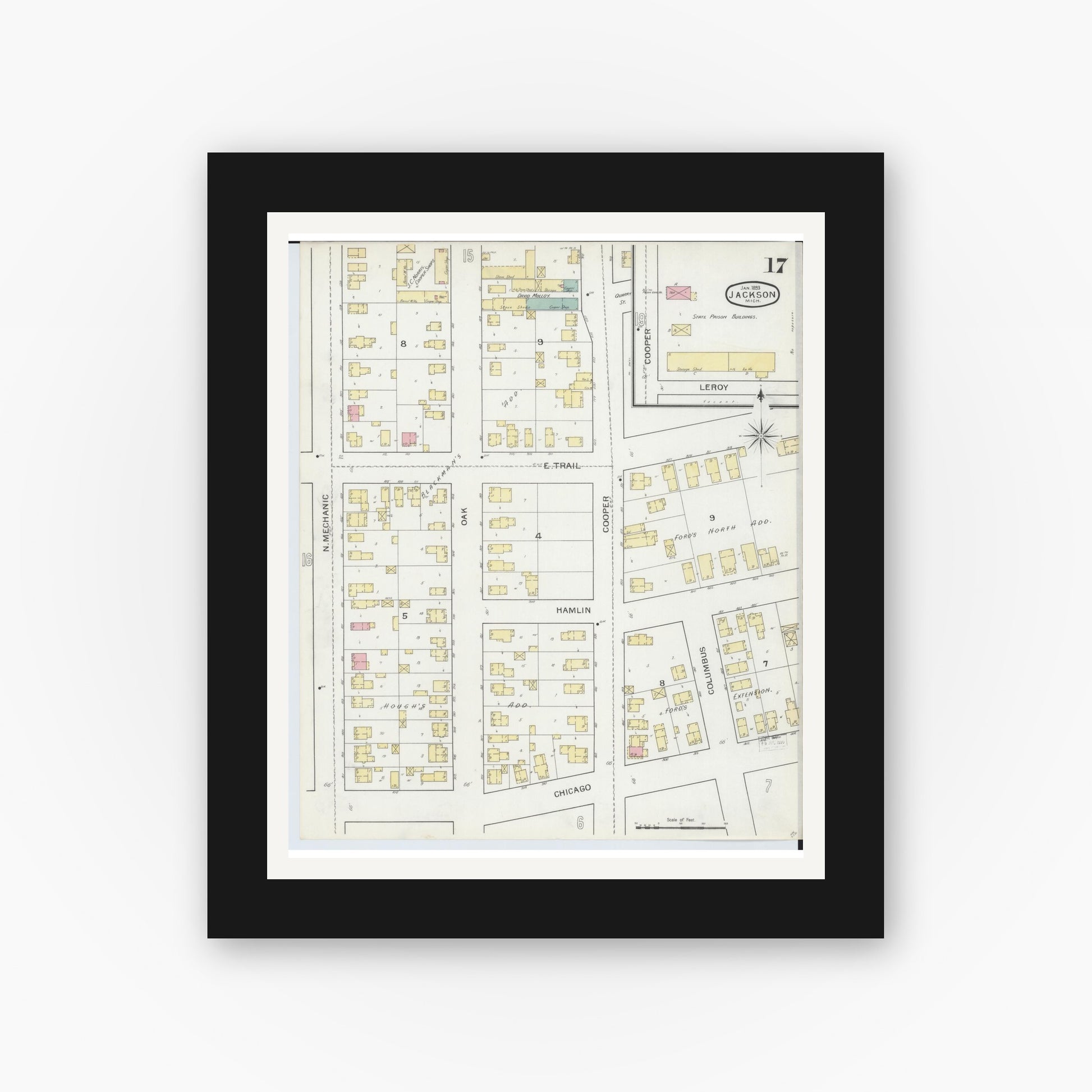 Old map wall art mockup — black gallery frame with white mat — Sanborn Fire Insurance Map from Jackson, Jackson County, Michigan (1893), Sheet #0017