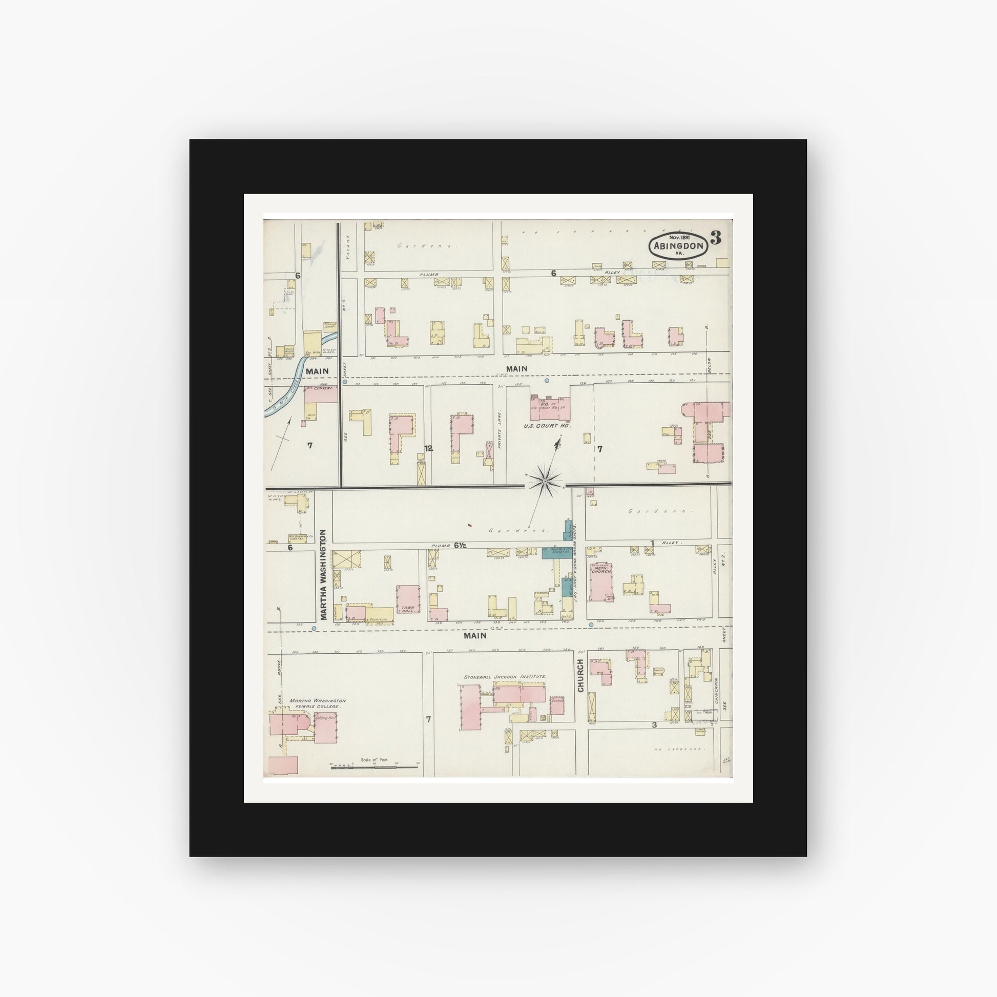Old map wall art mockup — black gallery frame with white mat — Sanborn Fire Insurance Map from Abingdon, Washington County, Virginia (1891), Sheet #0003