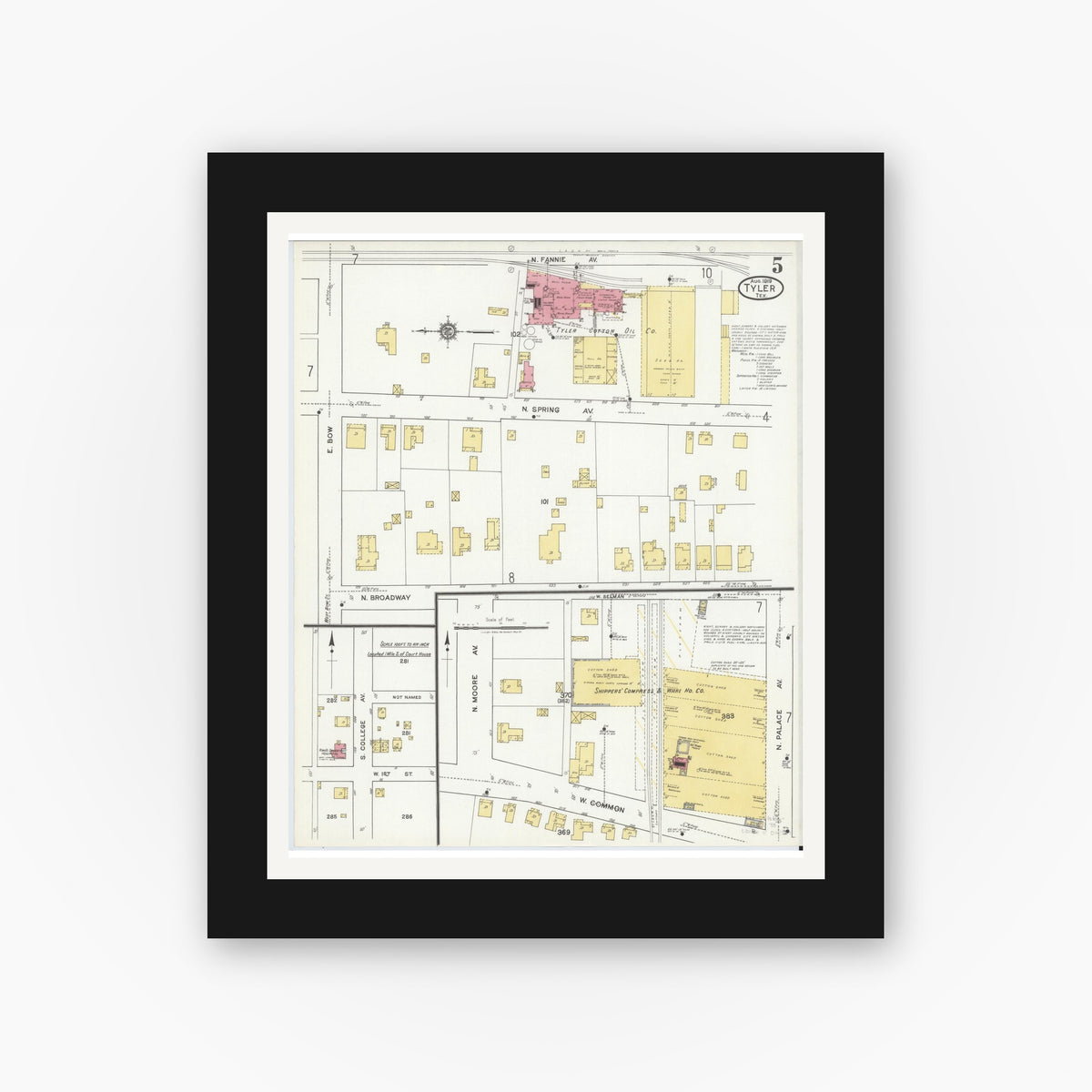 Old map wall art mockup — black gallery frame with white mat — Sanborn Fire Insurance Map from Tyler, Smith County, Texas (1919), Sheet #0005