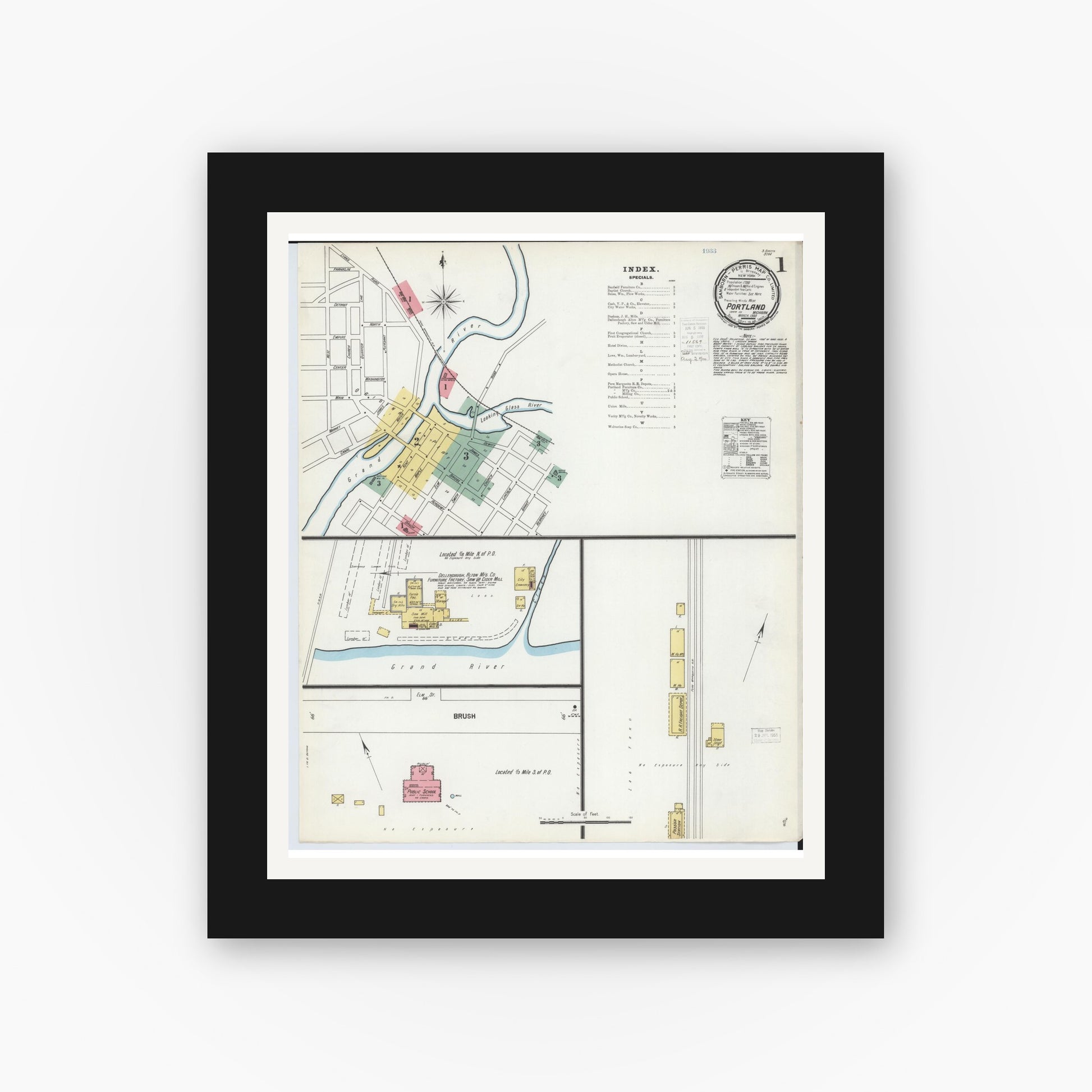 Old map wall art mockup — black gallery frame with white mat — Sanborn Fire Insurance Map from Portland, Ionia County, Michigan (1900) - Complete Map Set