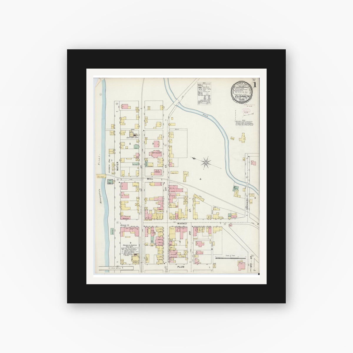 Old map wall art mockup — black gallery frame with white mat — Sanborn Fire Insurance Map from Elizabeth, Allegheny County, Pennsylvania (1895) - Complete Map Set