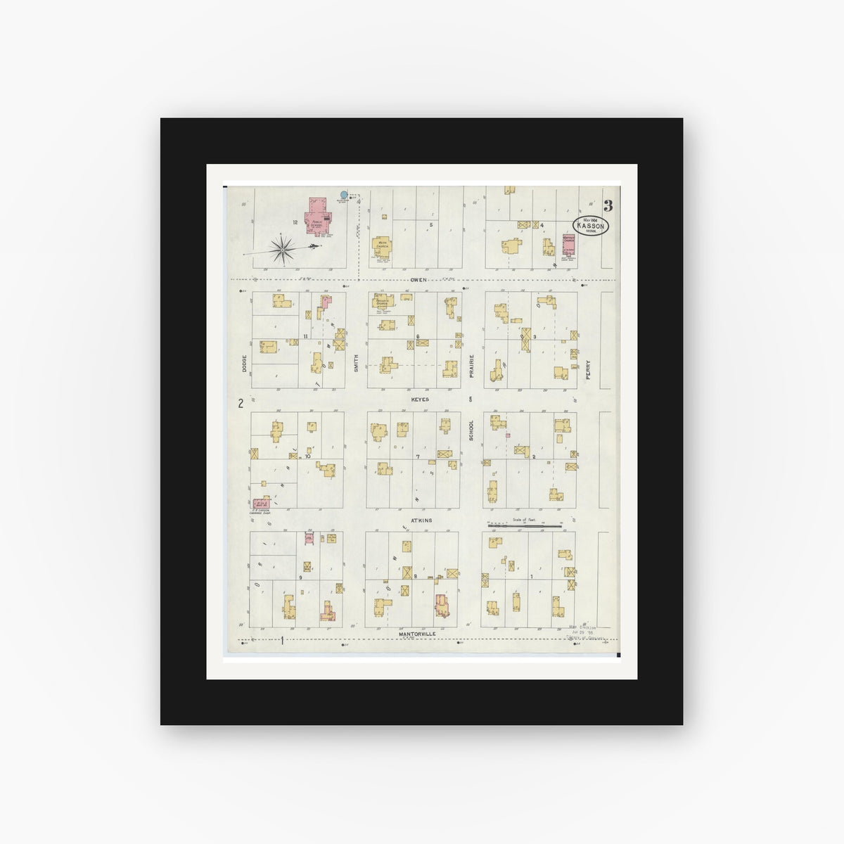 Old map wall art mockup — black gallery frame with white mat — Sanborn Fire Insurance Map from Kasson, Dodge County, Minnesota (1904), Sheet #0003