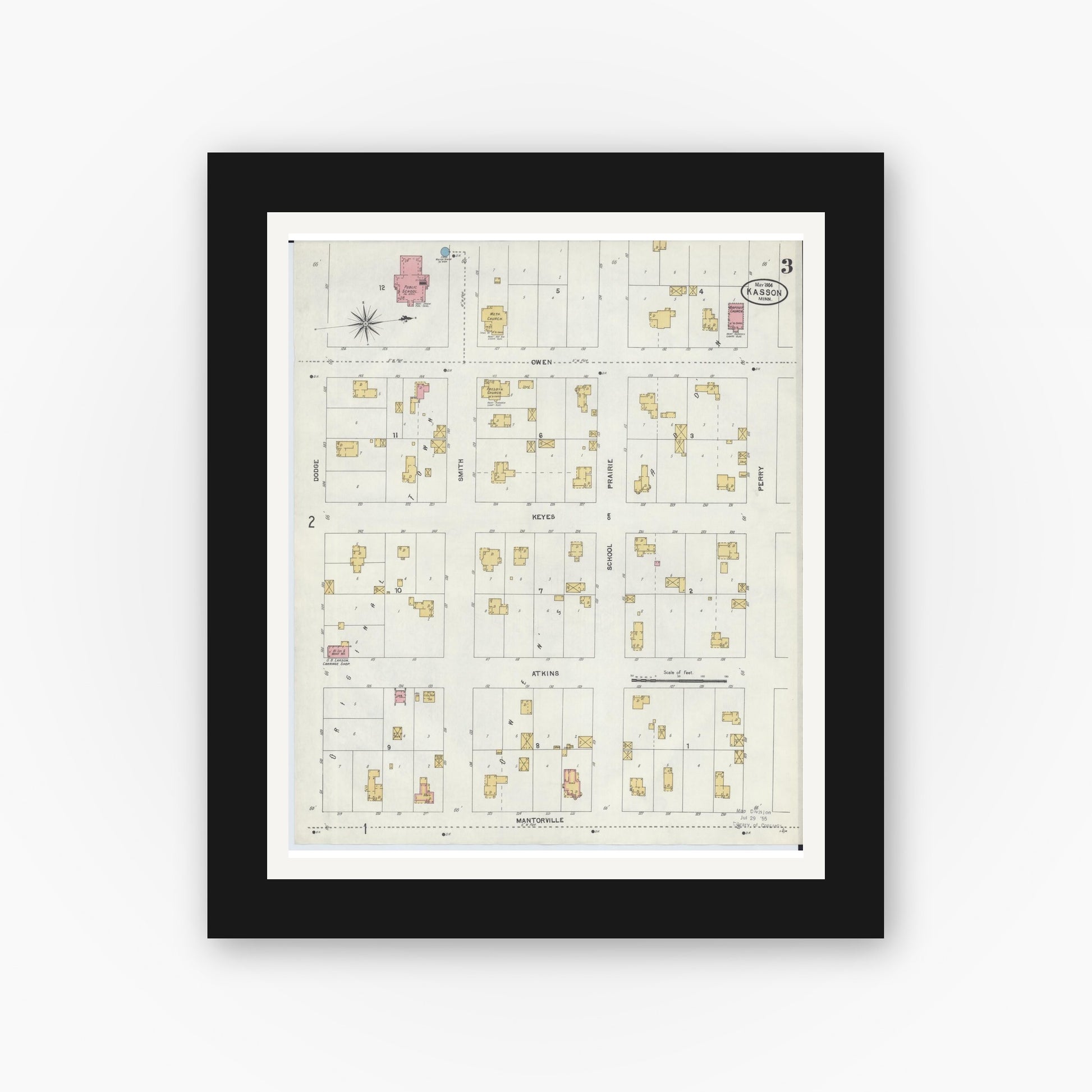 Old map wall art mockup — black gallery frame with white mat — Sanborn Fire Insurance Map from Kasson, Dodge County, Minnesota (1904), Sheet #0003