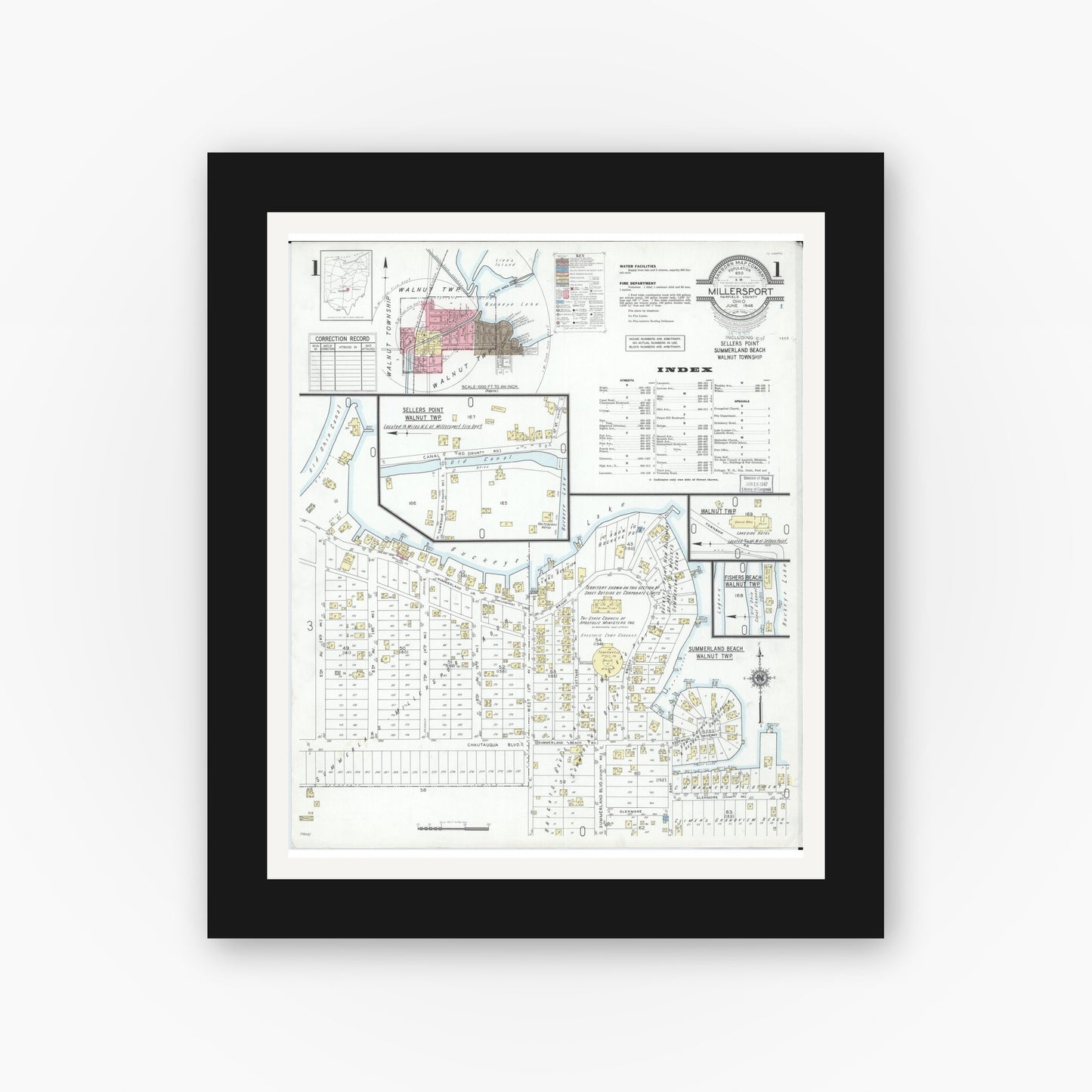 Old map wall art mockup — black gallery frame with white mat — Sanborn Fire Insurance Map from Millersport, Fairfield County, Ohio (1946) - Complete Map Set
