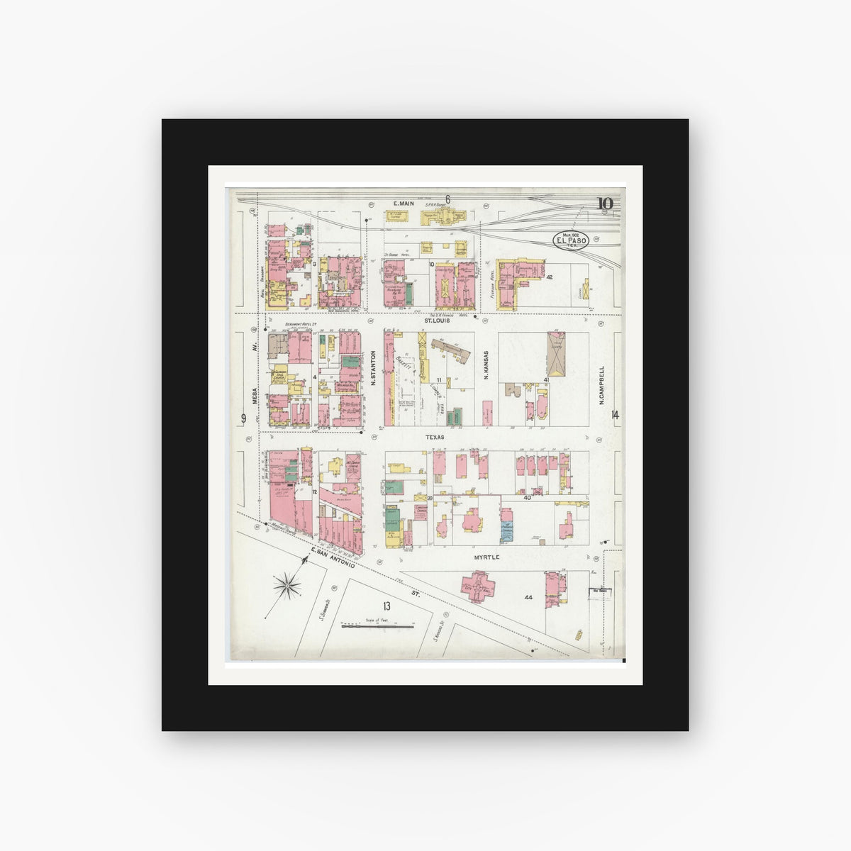Old map wall art mockup — black gallery frame with white mat — Sanborn Fire Insurance Map from El Paso, El Paso County, Texas (1902), Sheet #0010