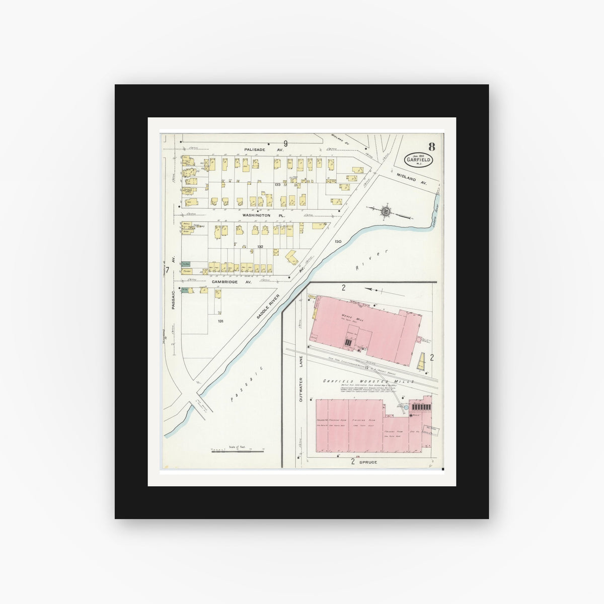 Old map wall art mockup — black gallery frame with white mat — Sanborn Fire Insurance Map from Garfield, Bergen County, New Jersey (1910), Sheet #0008