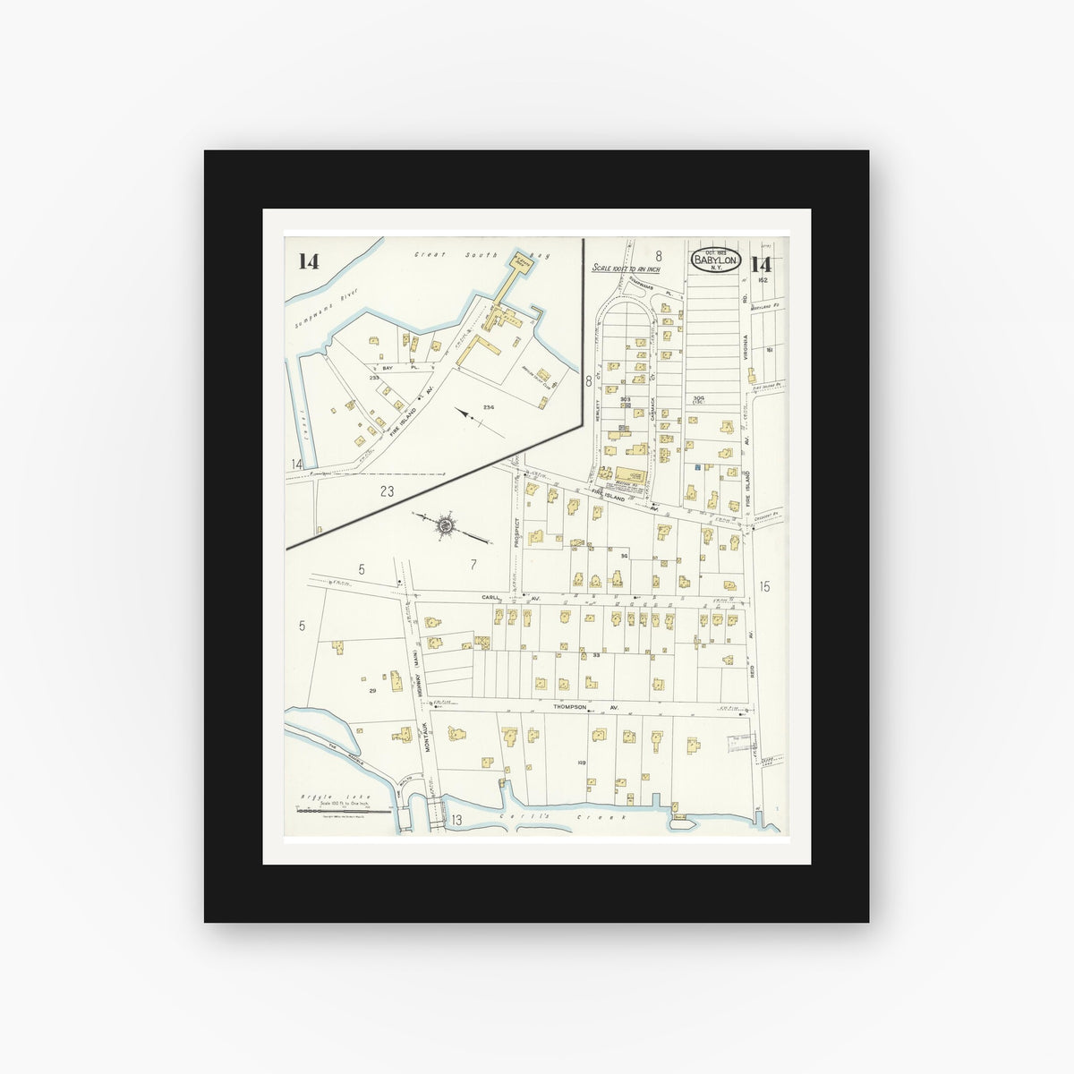 Old map wall art mockup — black gallery frame with white mat — Sanborn Fire Insurance Map from Babylon, Suffolk County, New York (1923), Sheet #0014