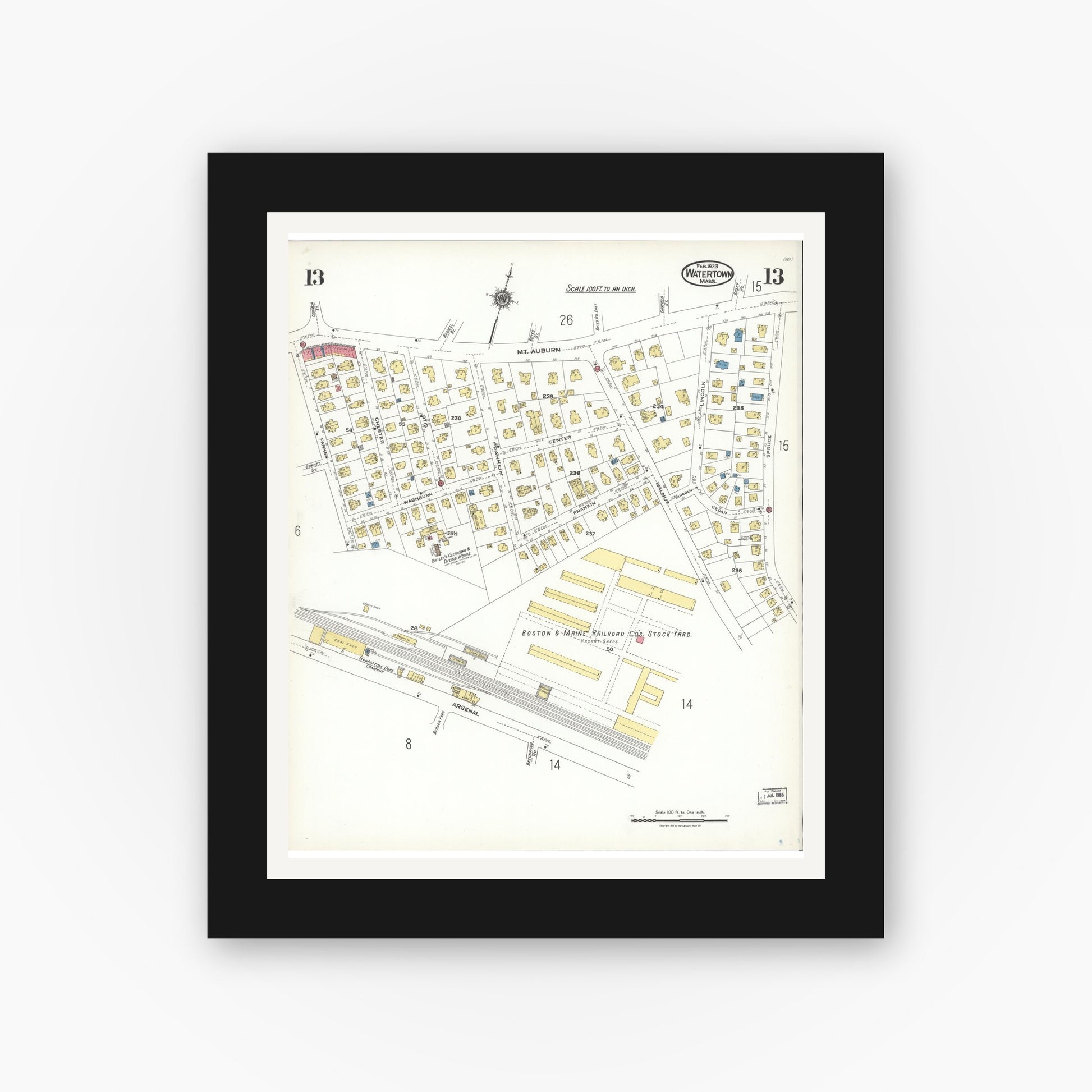 Old map wall art mockup — black gallery frame with white mat — Sanborn Fire Insurance Map from Watertown, Middlesex County, Massachusetts (1923), Sheet #0013