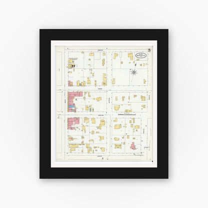 Old map wall art mockup — black gallery frame with white mat — Sanborn Fire Insurance Map from Huntsville, Walker County, Texas (1906), Sheet #0003