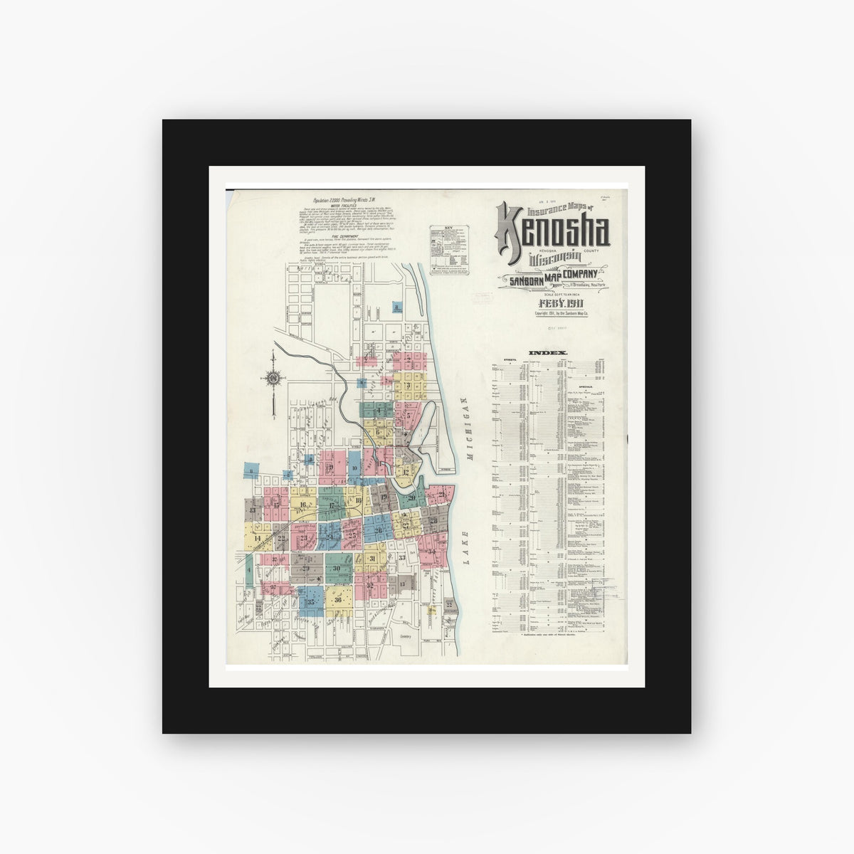 Old map wall art mockup — black gallery frame with white mat — Sanborn Fire Insurance Map from Kenosha, Kenosha County, Wisconsin (1911), Sheet #0001