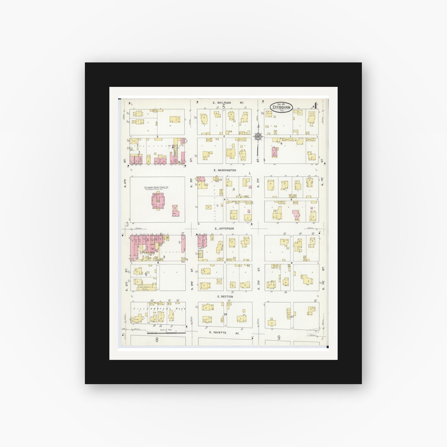 Old map wall art mockup — black gallery frame with white mat — Sanborn Fire Insurance Map from Effingham, Effingham County, Illinois (1911), Sheet #0004