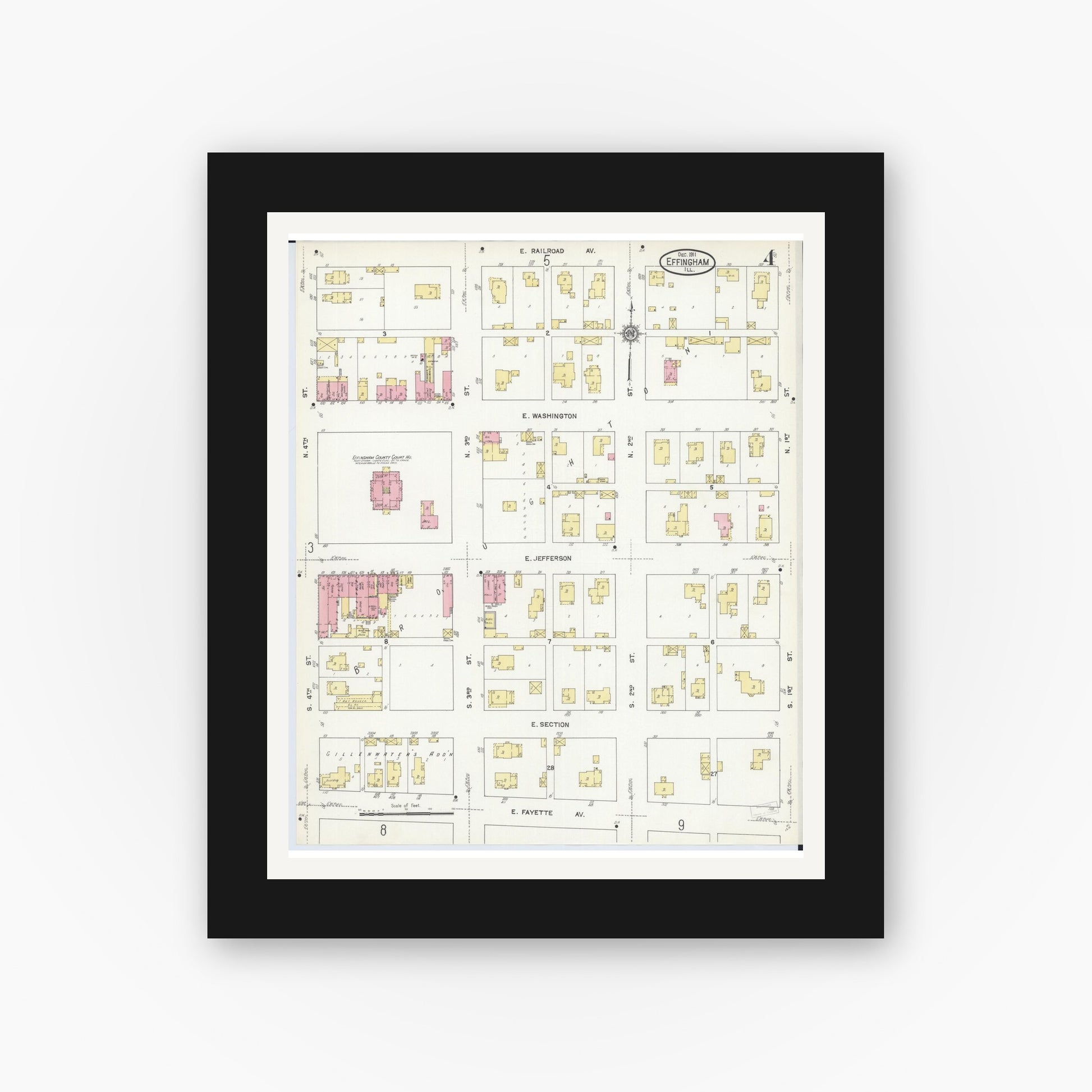 Old map wall art mockup — black gallery frame with white mat — Sanborn Fire Insurance Map from Effingham, Effingham County, Illinois (1911), Sheet #0004
