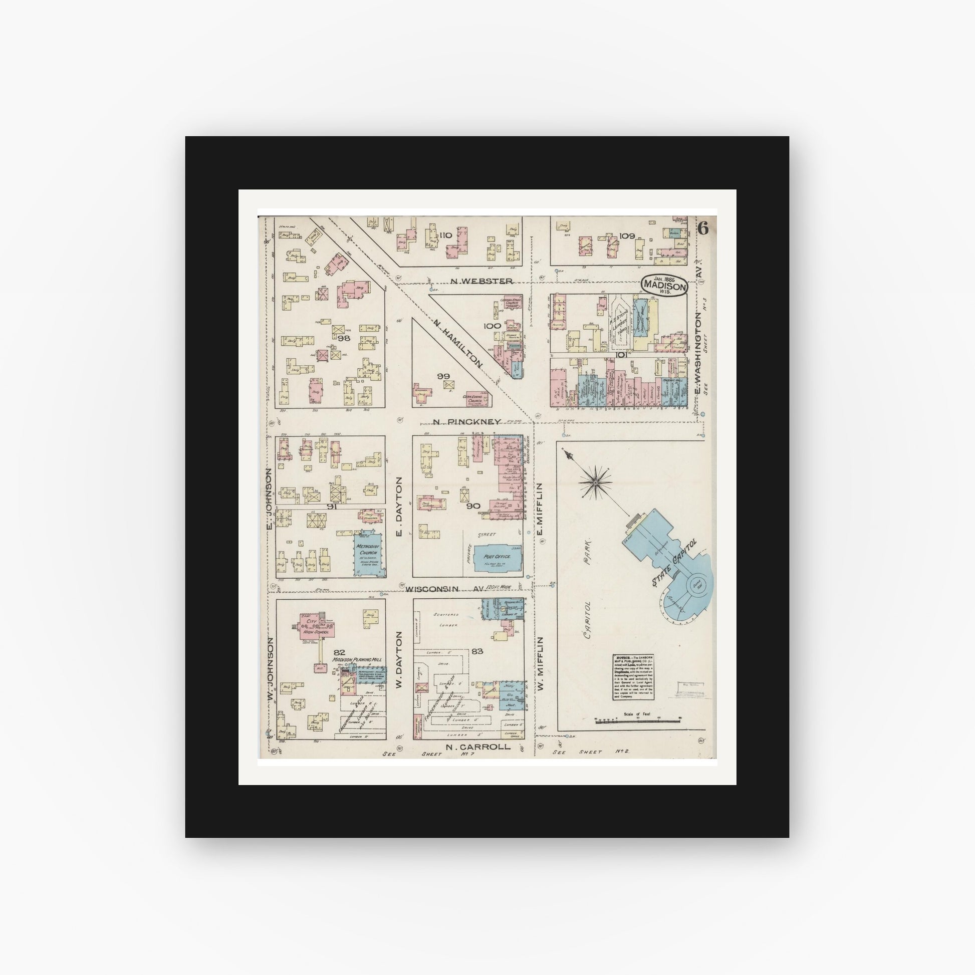 Old map wall art mockup — black gallery frame with white mat — Sanborn Fire Insurance Map from Madison, Dane County, Wisconsin (1885), Sheet #0006