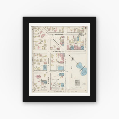 Old map wall art mockup — black gallery frame with white mat — Sanborn Fire Insurance Map from Madison, Dane County, Wisconsin (1885), Sheet #0006