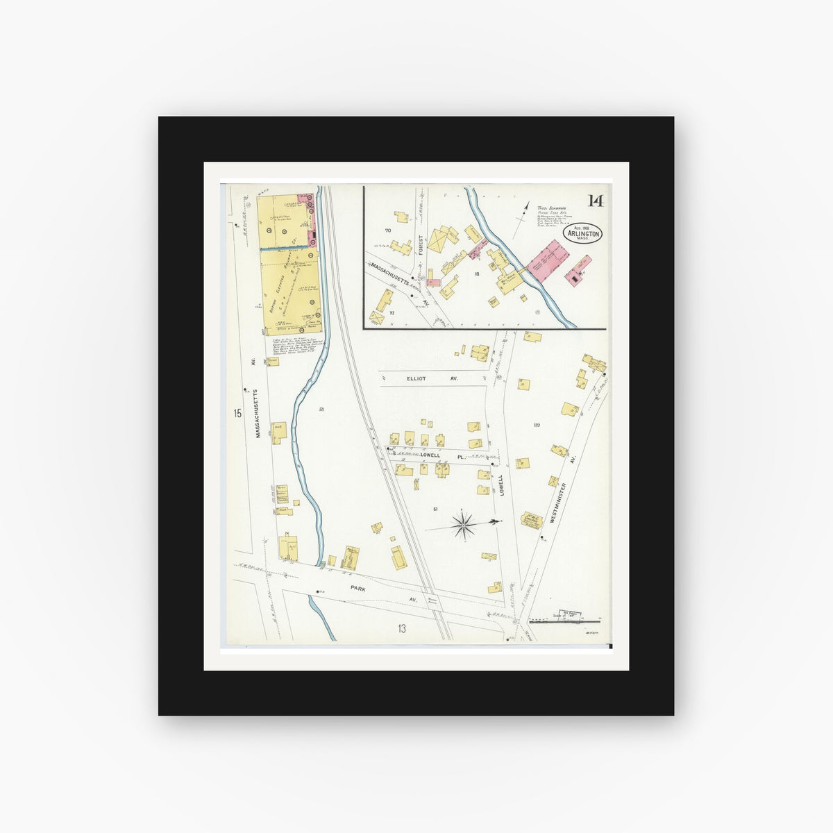 Old map wall art mockup — black gallery frame with white mat — Sanborn Fire Insurance Map from Arlington, Middlesex County, Massachusetts (1908), Sheet #0014